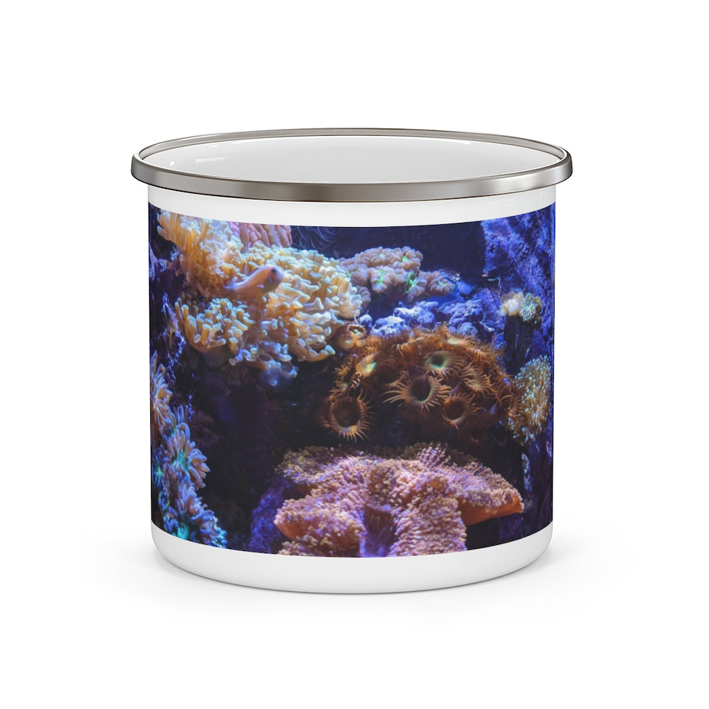 Aquarium Enamel Camping Mug with a stylish design, perfect for outdoor adventures and customizable with personal prints.