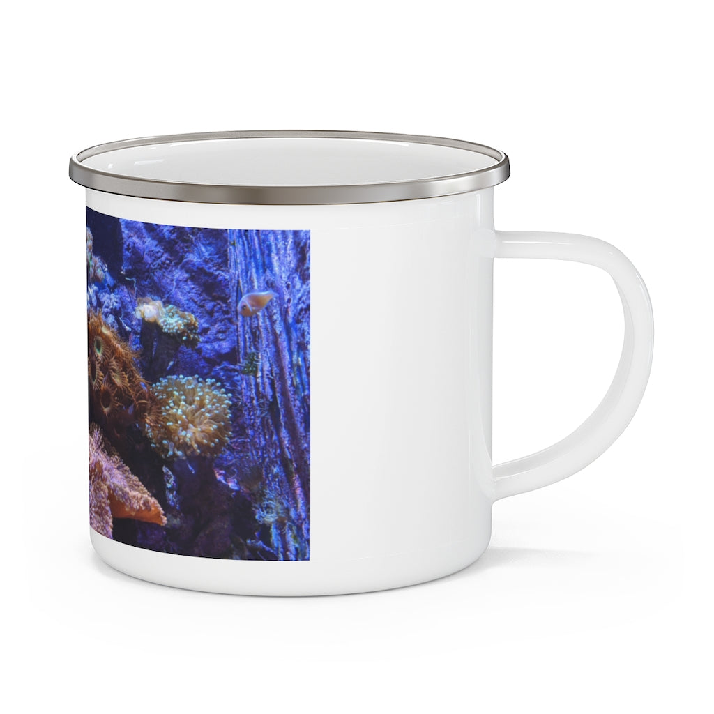 Aquarium Enamel Camping Mug with a stylish design, perfect for outdoor adventures and customizable with personal prints.