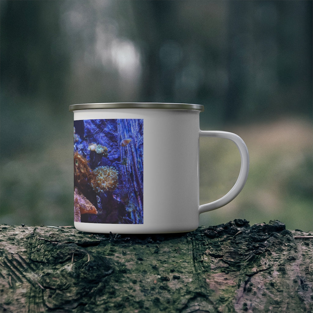 Aquarium Enamel Camping Mug with a stylish design, perfect for outdoor adventures and customizable with personal prints.