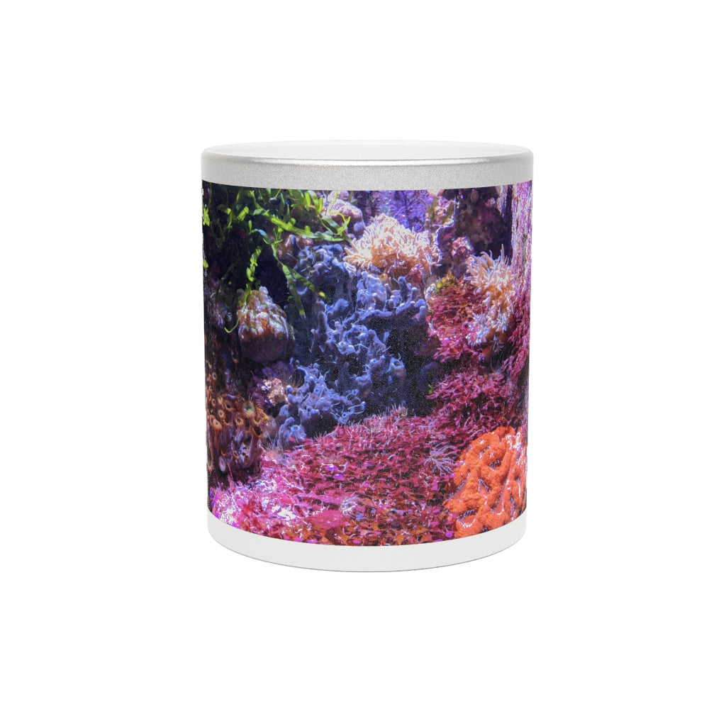 Aquarium Metallic Mug in Silver and Gold with customizable design options, showcasing a sleek ceramic finish and comfortable C-handle.