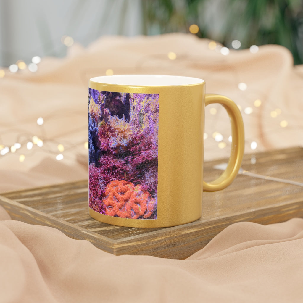 Aquarium Metallic Mug in Silver and Gold with customizable design options, showcasing a sleek ceramic finish and comfortable C-handle.
