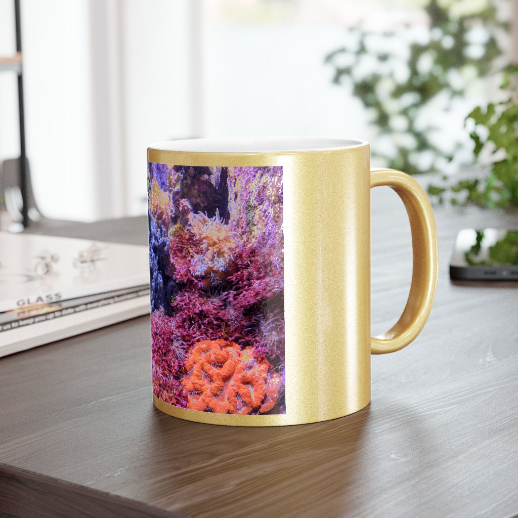 Aquarium Metallic Mug in Silver and Gold with customizable design options, showcasing a sleek ceramic finish and comfortable C-handle.