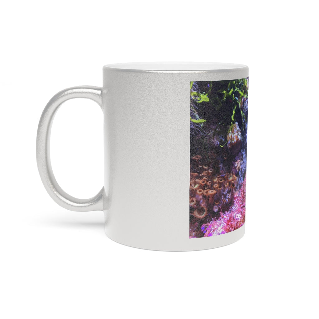Aquarium Metallic Mug in Silver and Gold with customizable design options, showcasing a sleek ceramic finish and comfortable C-handle.
