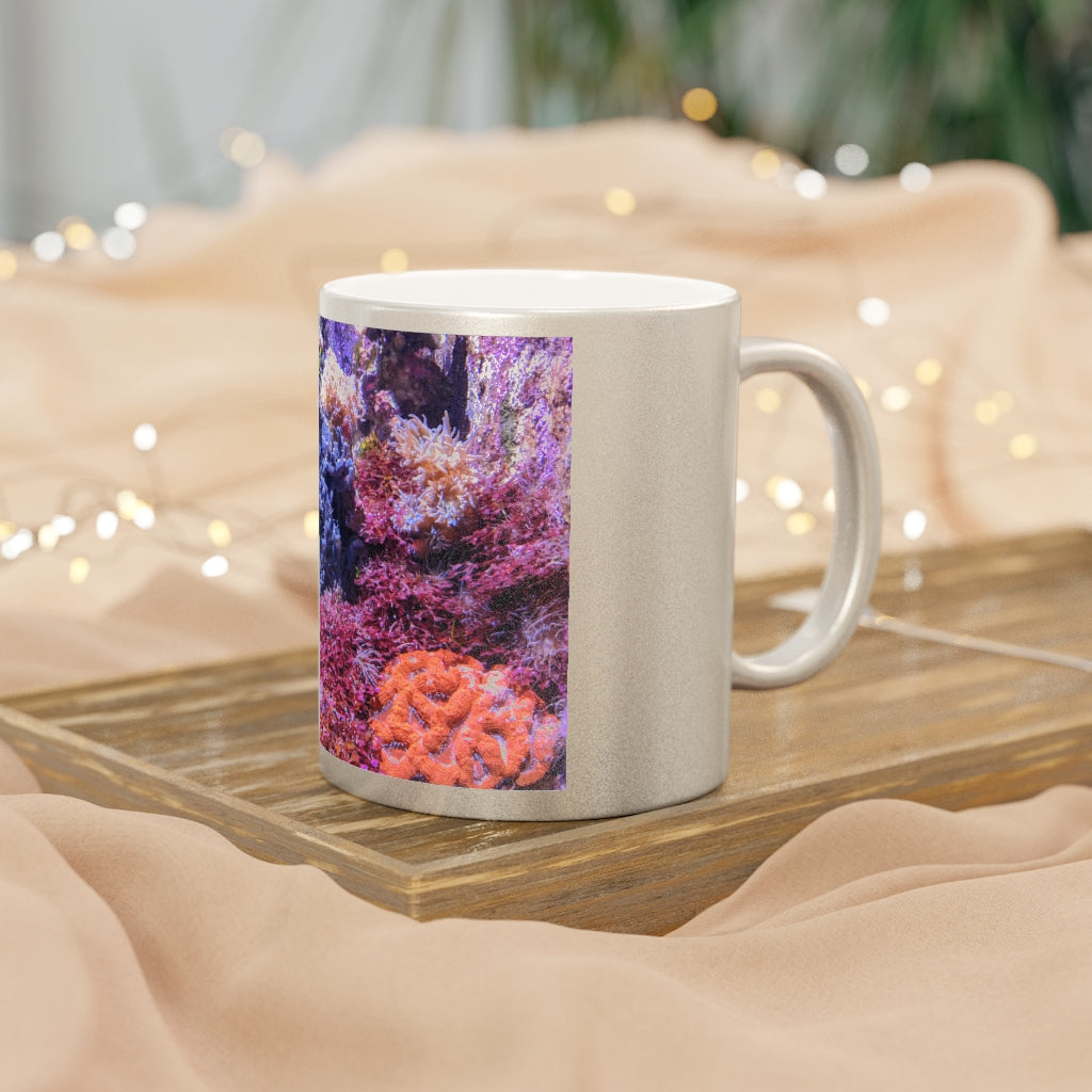 Aquarium Metallic Mug in Silver and Gold with customizable design options, showcasing a sleek ceramic finish and comfortable C-handle.