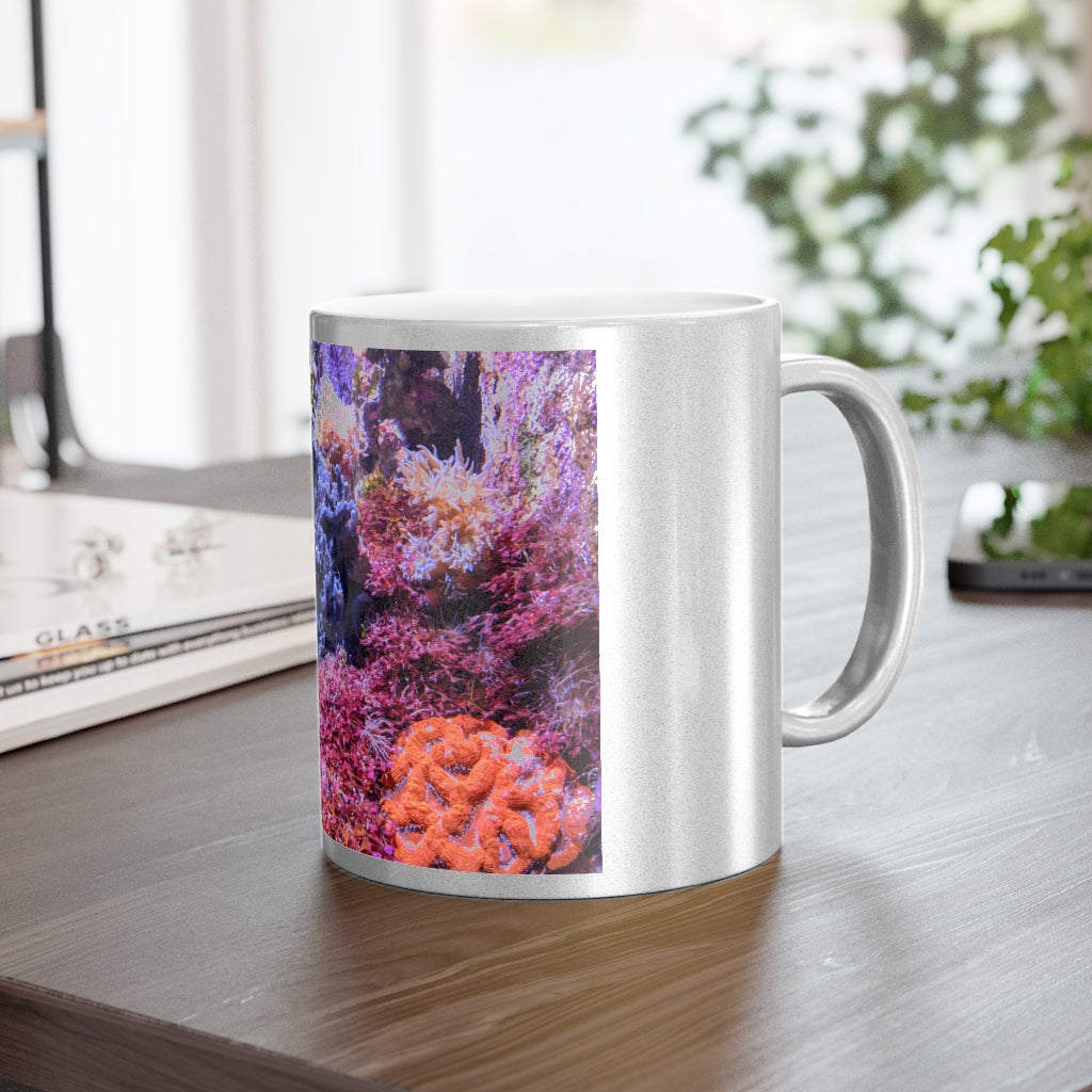 Aquarium Metallic Mug in Silver and Gold with customizable design options, showcasing a sleek ceramic finish and comfortable C-handle.