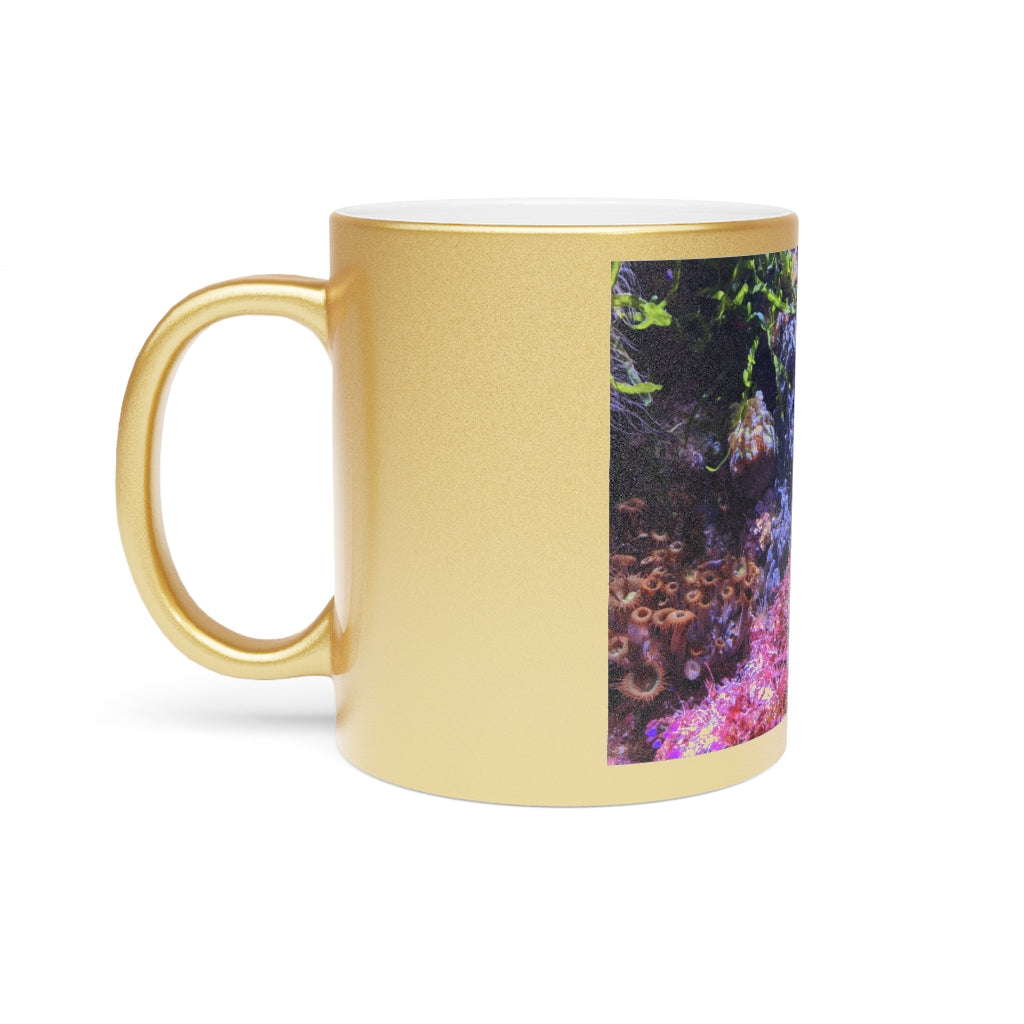 Aquarium Metallic Mug in Silver and Gold with customizable design options, showcasing a sleek ceramic finish and comfortable C-handle.