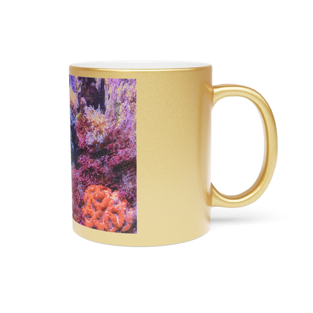 Aquarium Metallic Mug in Silver and Gold with customizable design options, showcasing a sleek ceramic finish and comfortable C-handle.