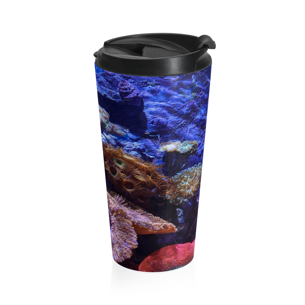 Aquarium Stainless Steel Travel Mug with vibrant design, black plastic lid, and rounded corners, perfect for coffee and tea lovers.