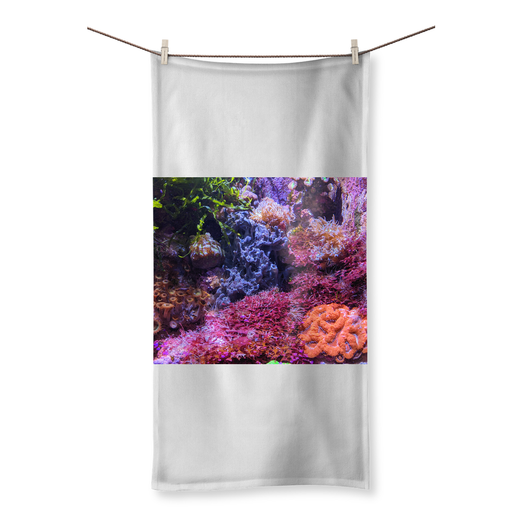 Aquarium Sublimation All Over Towel featuring vibrant aquatic designs on one side and soft cotton backing on the other, available in multiple sizes.