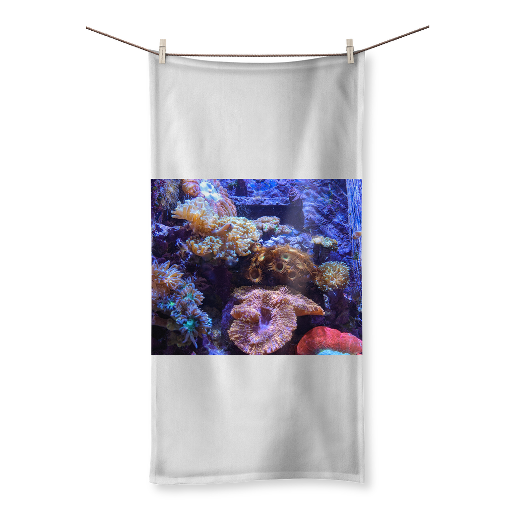 Aquarium Sublimation All Over Towel featuring vibrant aquatic designs on one side and soft cotton backing on the other, available in various sizes.