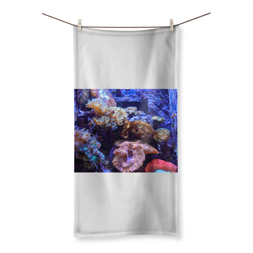 Aquarium Sublimation All Over Towel featuring vibrant aquatic designs on one side and soft cotton backing on the other, available in various sizes.