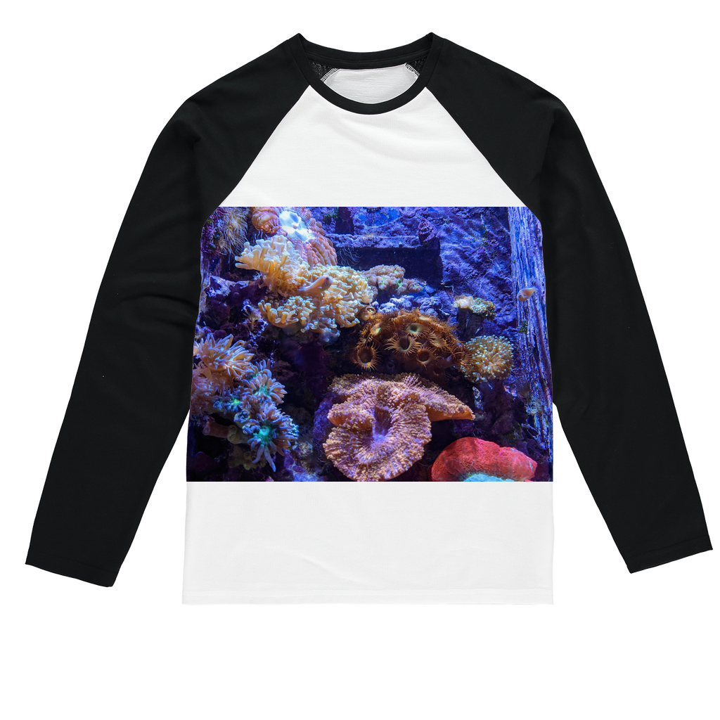 Aquarium Sublimation Baseball Long Sleeve T-Shirt featuring vibrant aquatic designs and a comfortable fit.