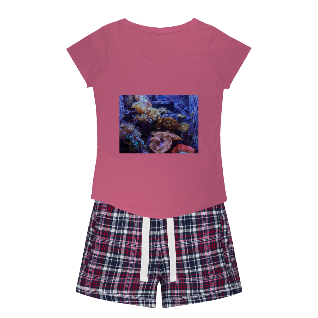 Aquarium Women's Sleepy Tee and Flannel Short set featuring a relaxed fit T-shirt and vibrant flannel shorts, perfect for cozy nights.