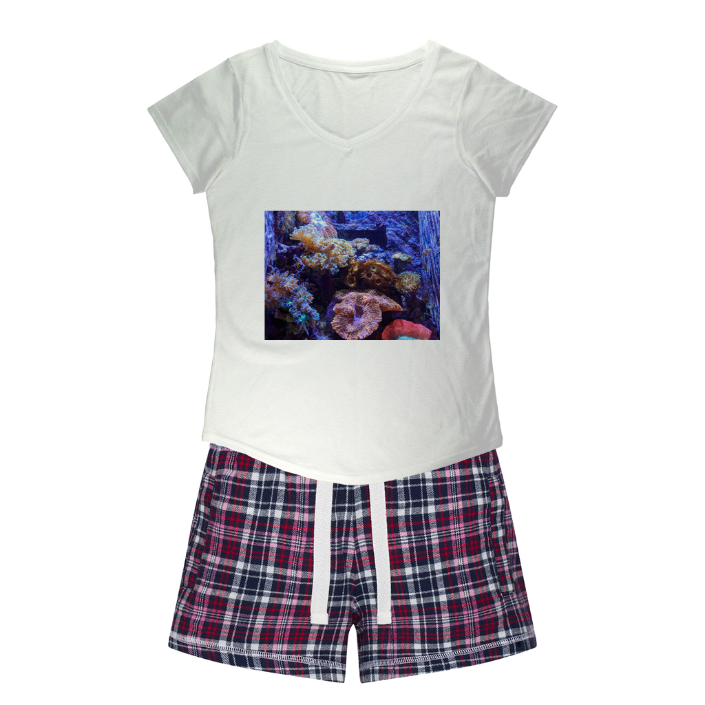 Aquarium Women's Sleepy Tee and Flannel Short set featuring a relaxed fit T-shirt and vibrant flannel shorts, perfect for cozy nights.