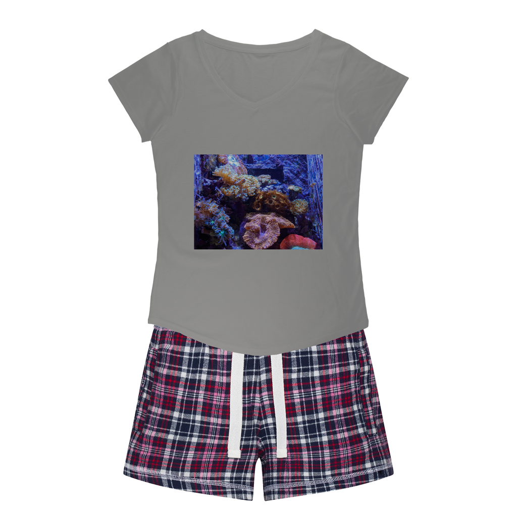 Aquarium Women's Sleepy Tee and Flannel Short set featuring a relaxed fit T-shirt and vibrant flannel shorts, perfect for cozy nights.