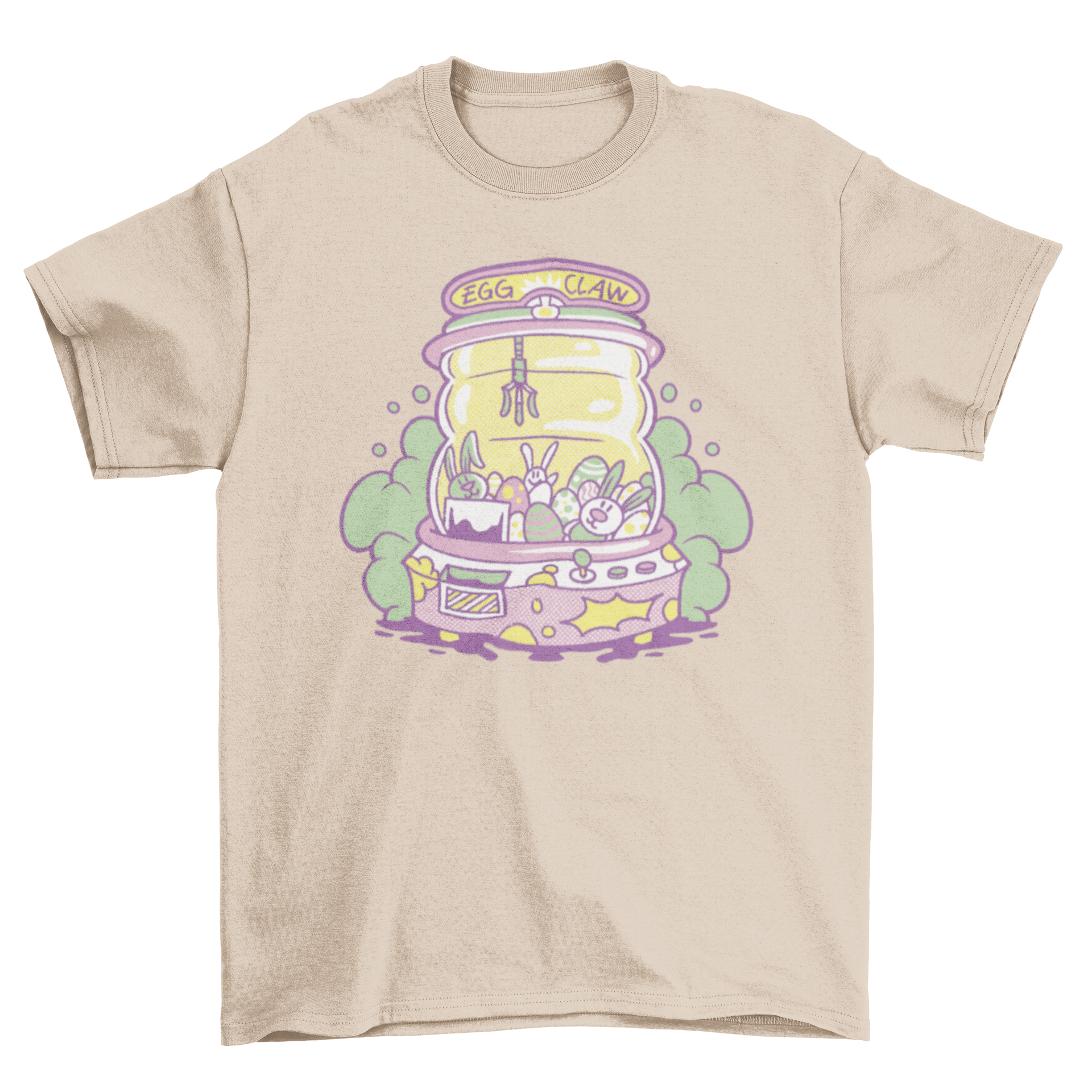Colorful t-shirt featuring an arcade claw machine filled with Easter eggs and rabbits, showcasing a fun and playful design.