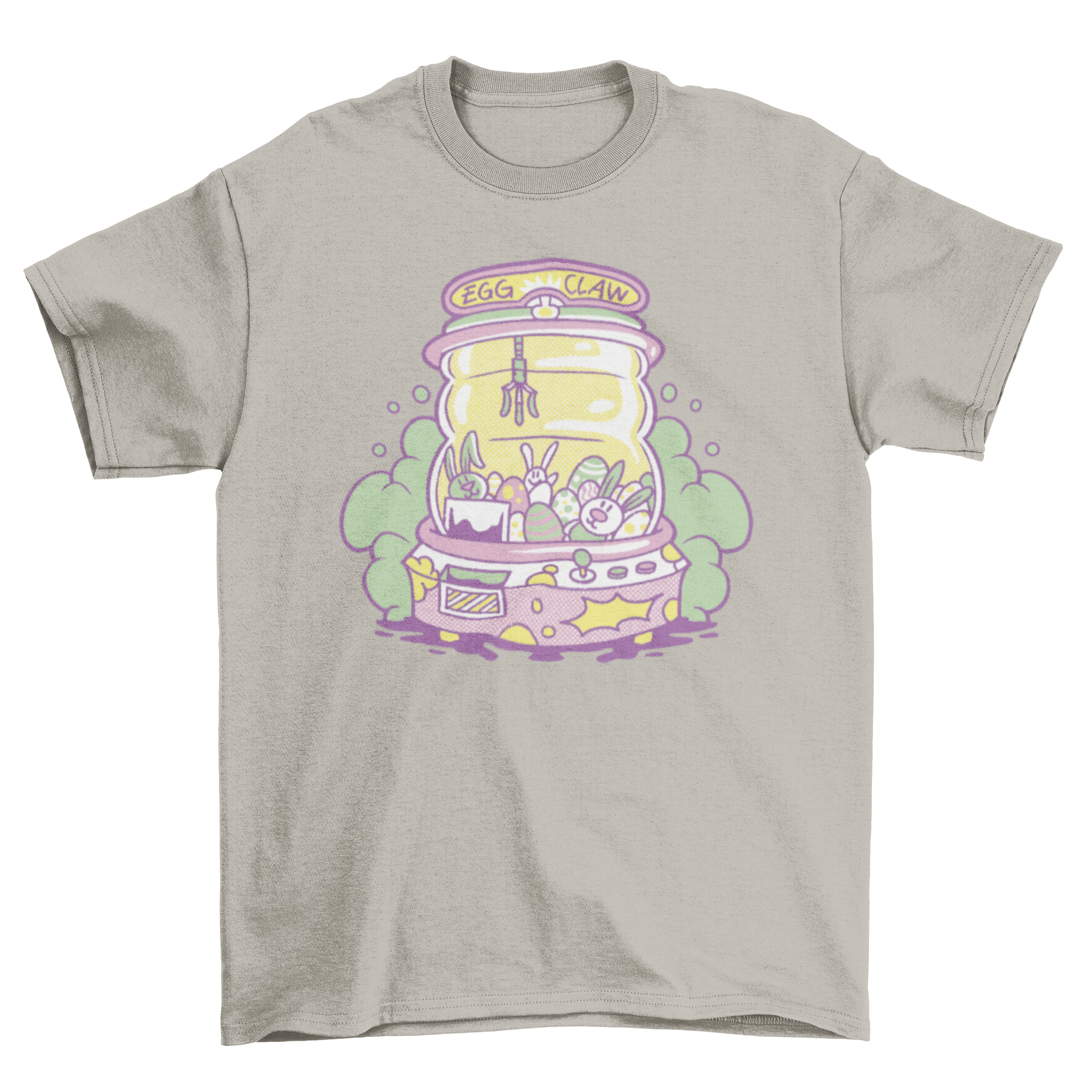 Colorful t-shirt featuring an arcade claw machine filled with Easter eggs and rabbits, showcasing a fun and playful design.