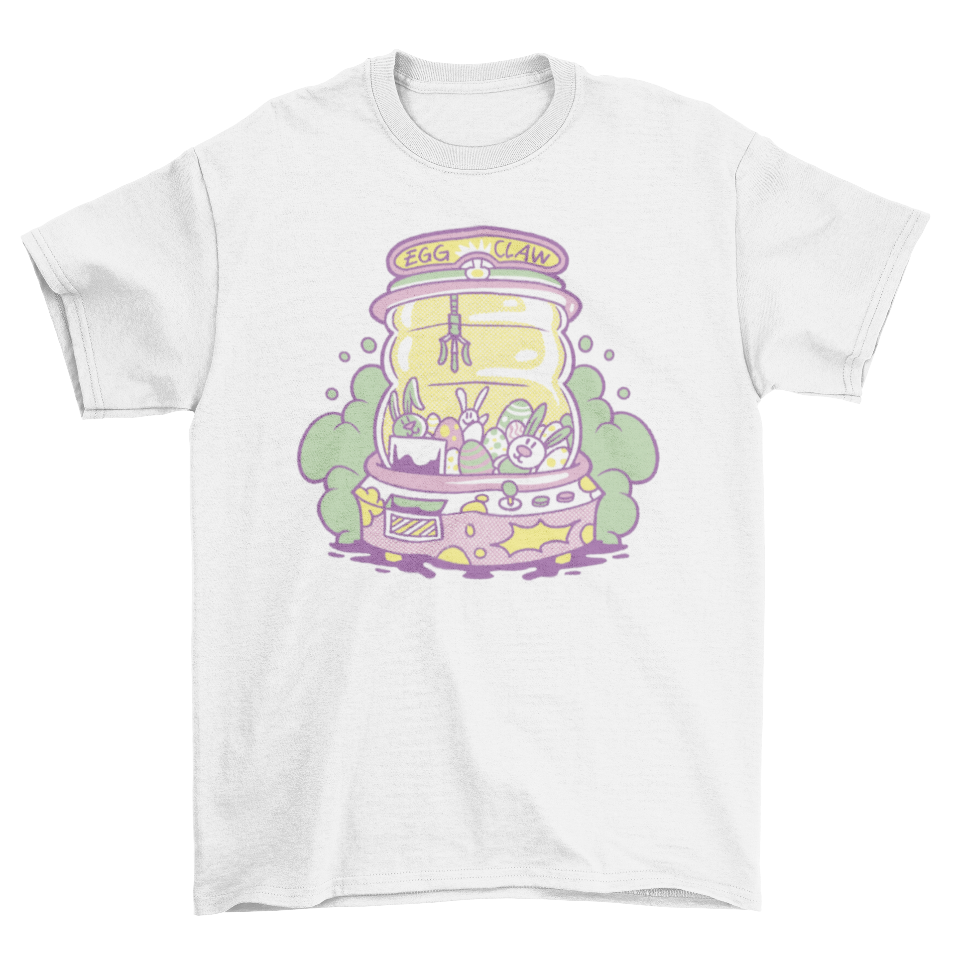 Colorful t-shirt featuring an arcade claw machine filled with Easter eggs and rabbits, showcasing a fun and playful design.