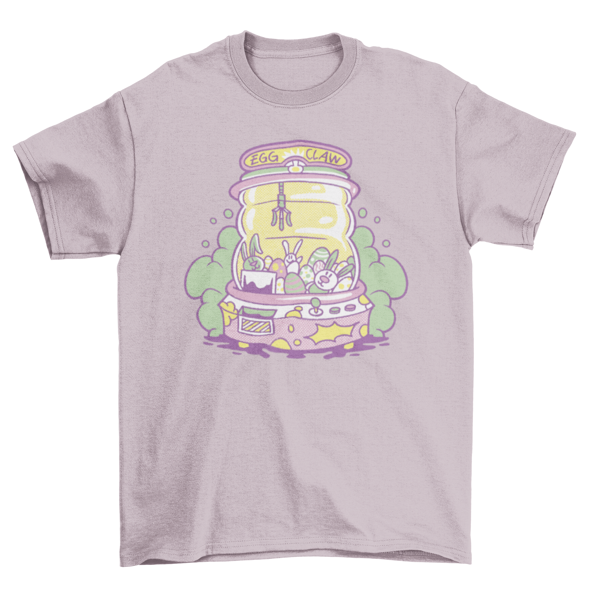 Colorful t-shirt featuring an arcade claw machine filled with Easter eggs and rabbits, showcasing a fun and playful design.