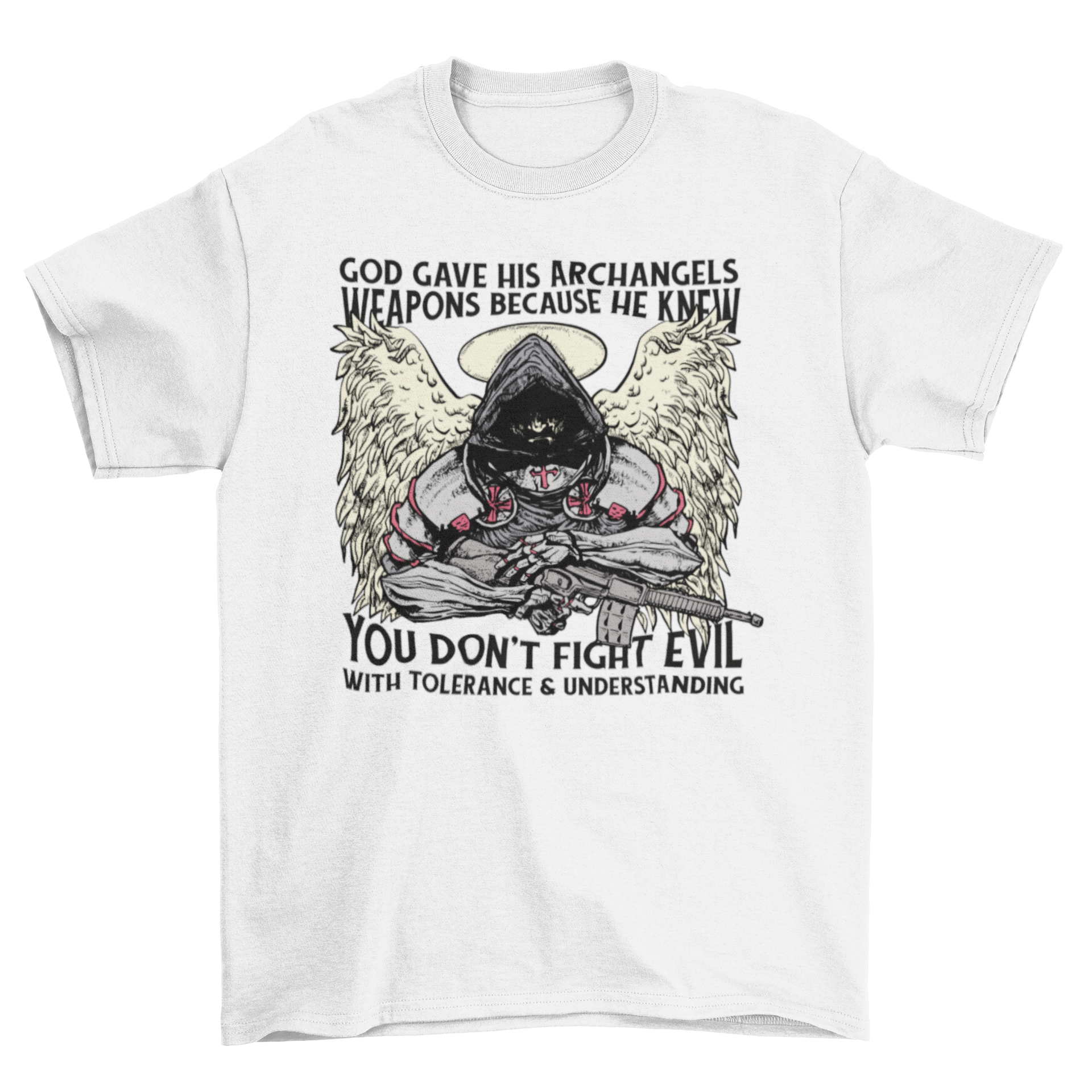 A stylish t-shirt featuring an archangel wielding a weapon with an inspiring quote about fighting evil.