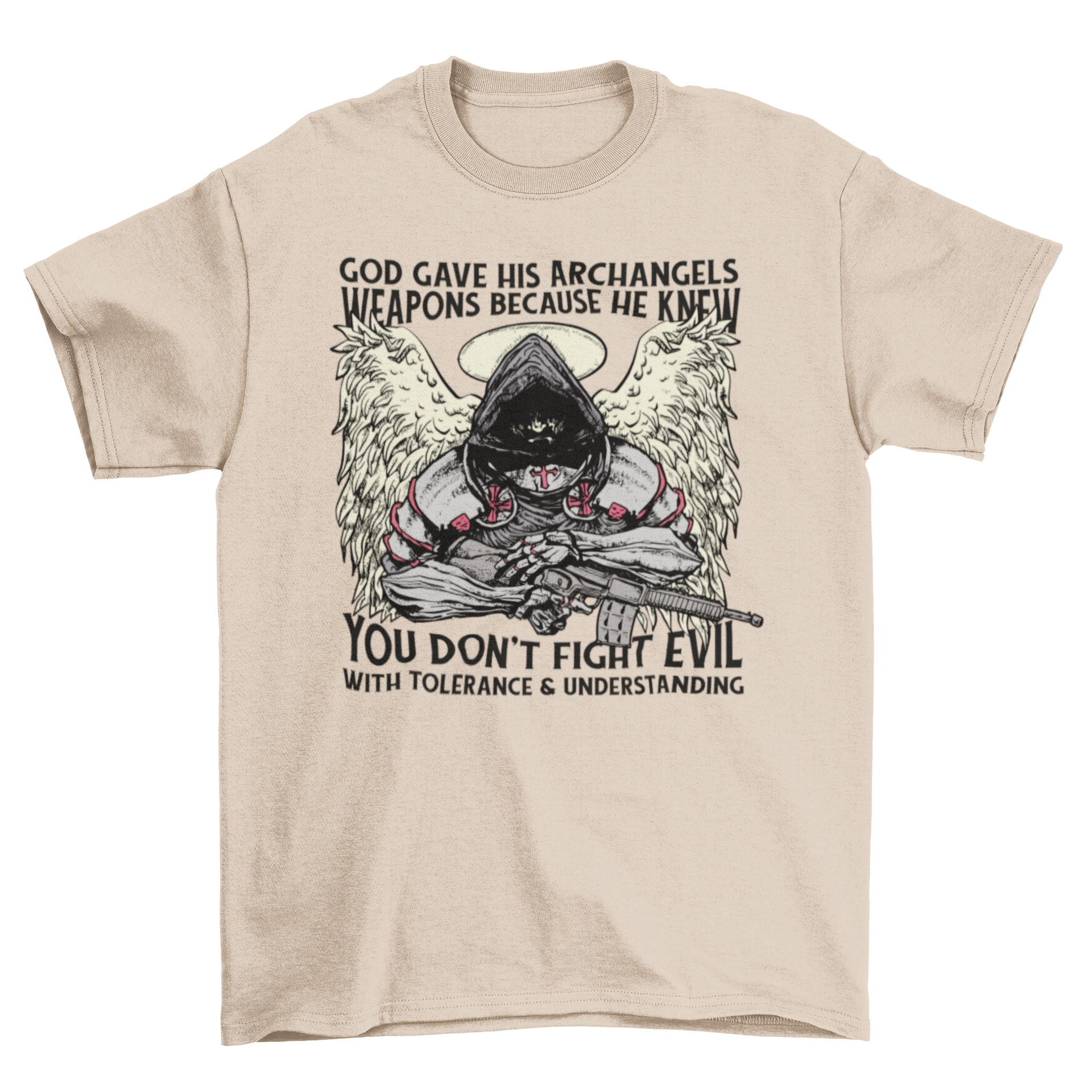 A stylish t-shirt featuring an archangel wielding a weapon with an inspiring quote about fighting evil.