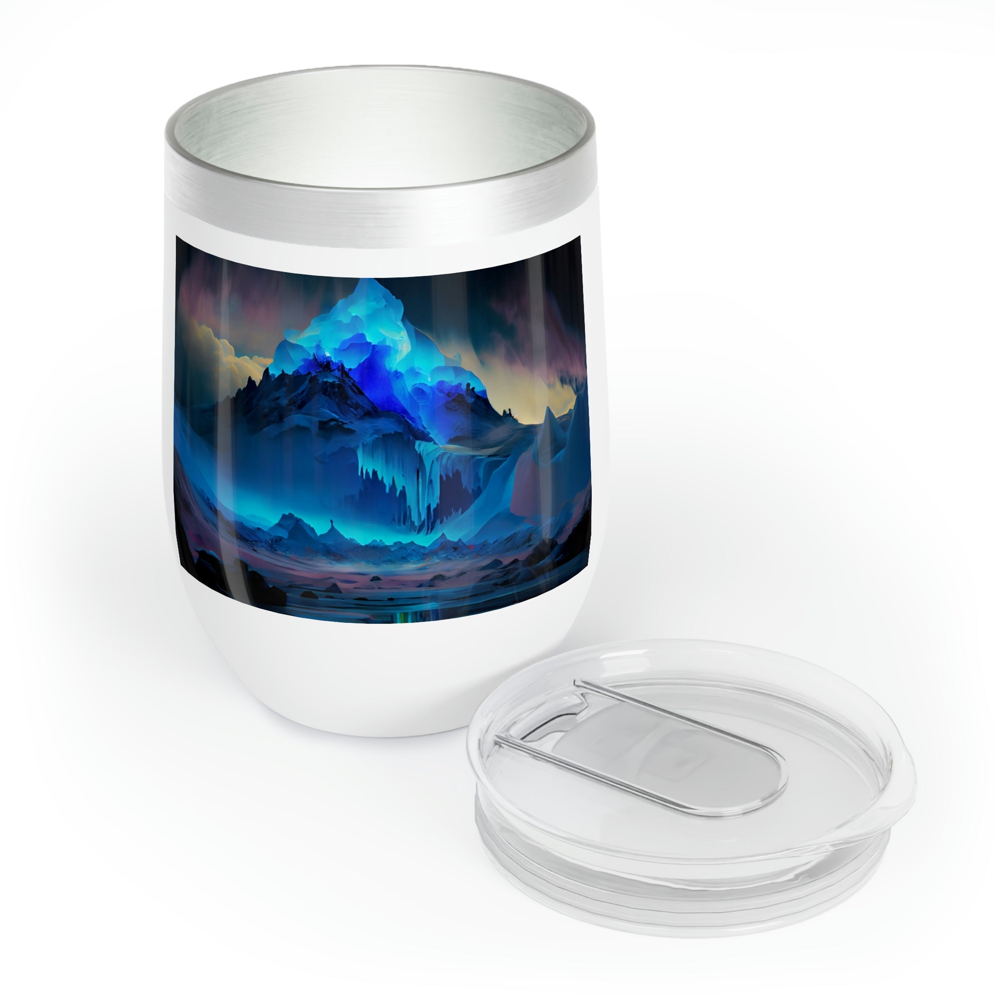 A sleek stainless steel Arctic Chill Wine Tumbler with a customizable design, showcasing its double-insulated walls and stemless structure.