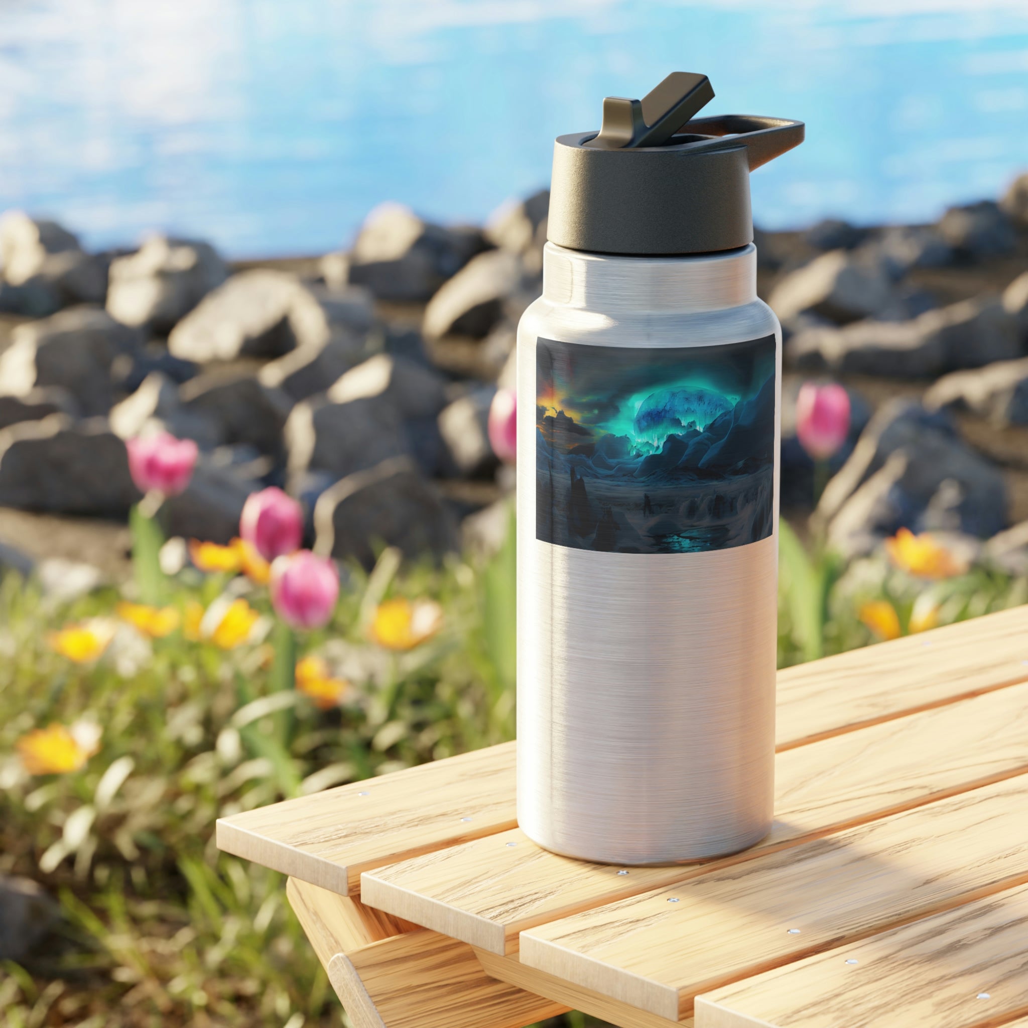 Arctic Gator Tumbler in stainless steel with a black screw-on cap and a plastic straw, showcasing a customizable design.