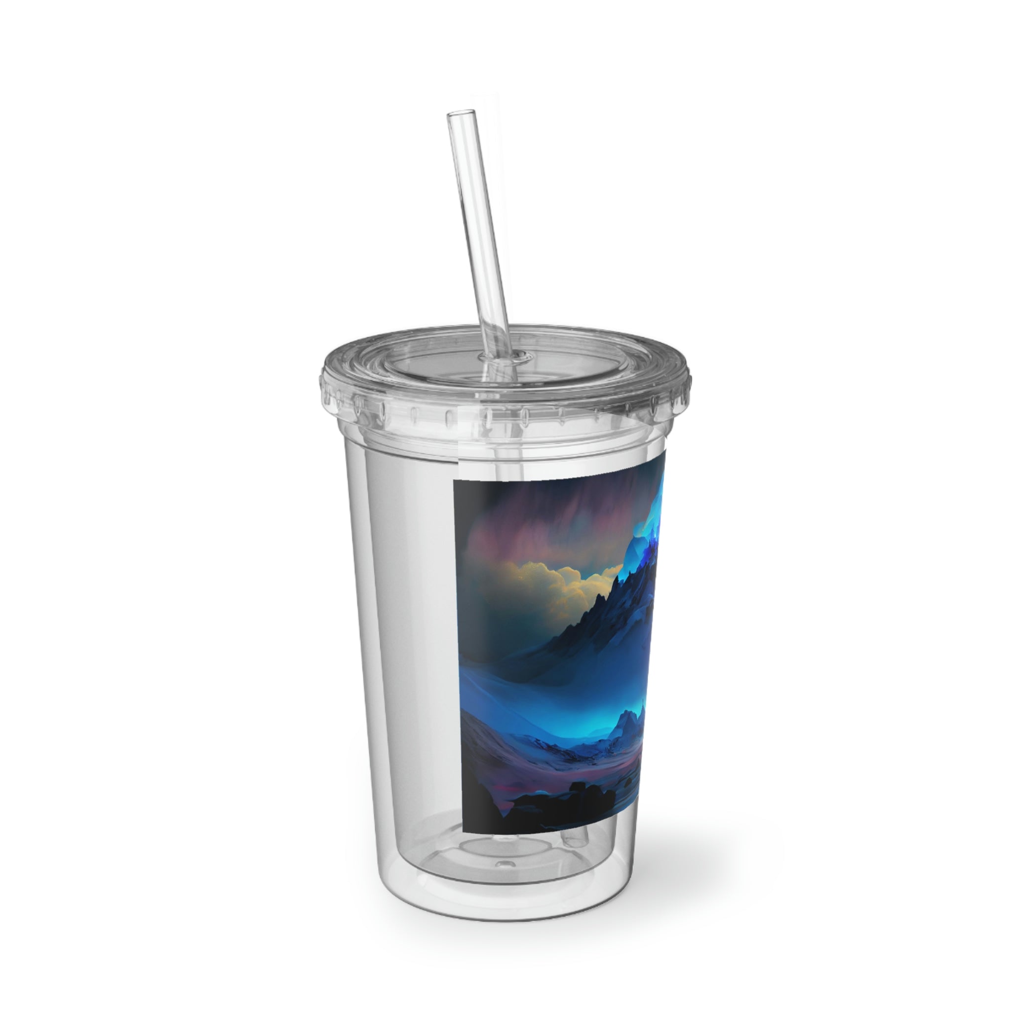 Arctic Suave Acrylic Cup in stainless steel with a black screw-on cap and plastic straw, showcasing a customizable design.