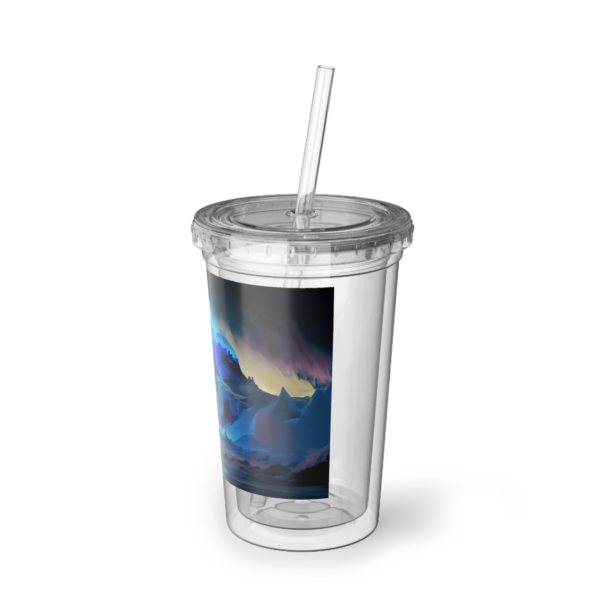 Arctic Suave Acrylic Cup in stainless steel with a black screw-on cap and plastic straw, showcasing a customizable design.