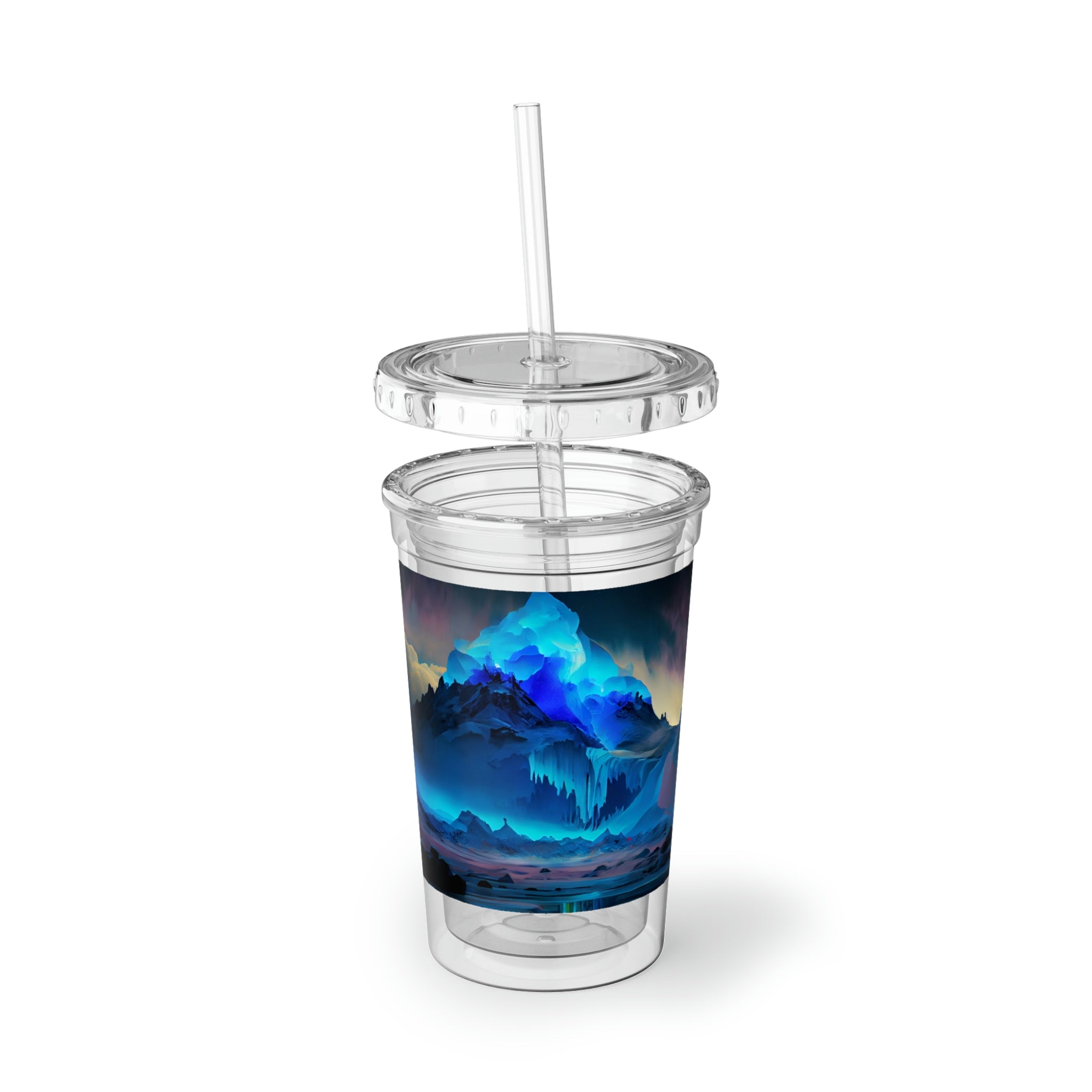 Arctic Suave Acrylic Cup in stainless steel with a black screw-on cap and plastic straw, showcasing a customizable design.