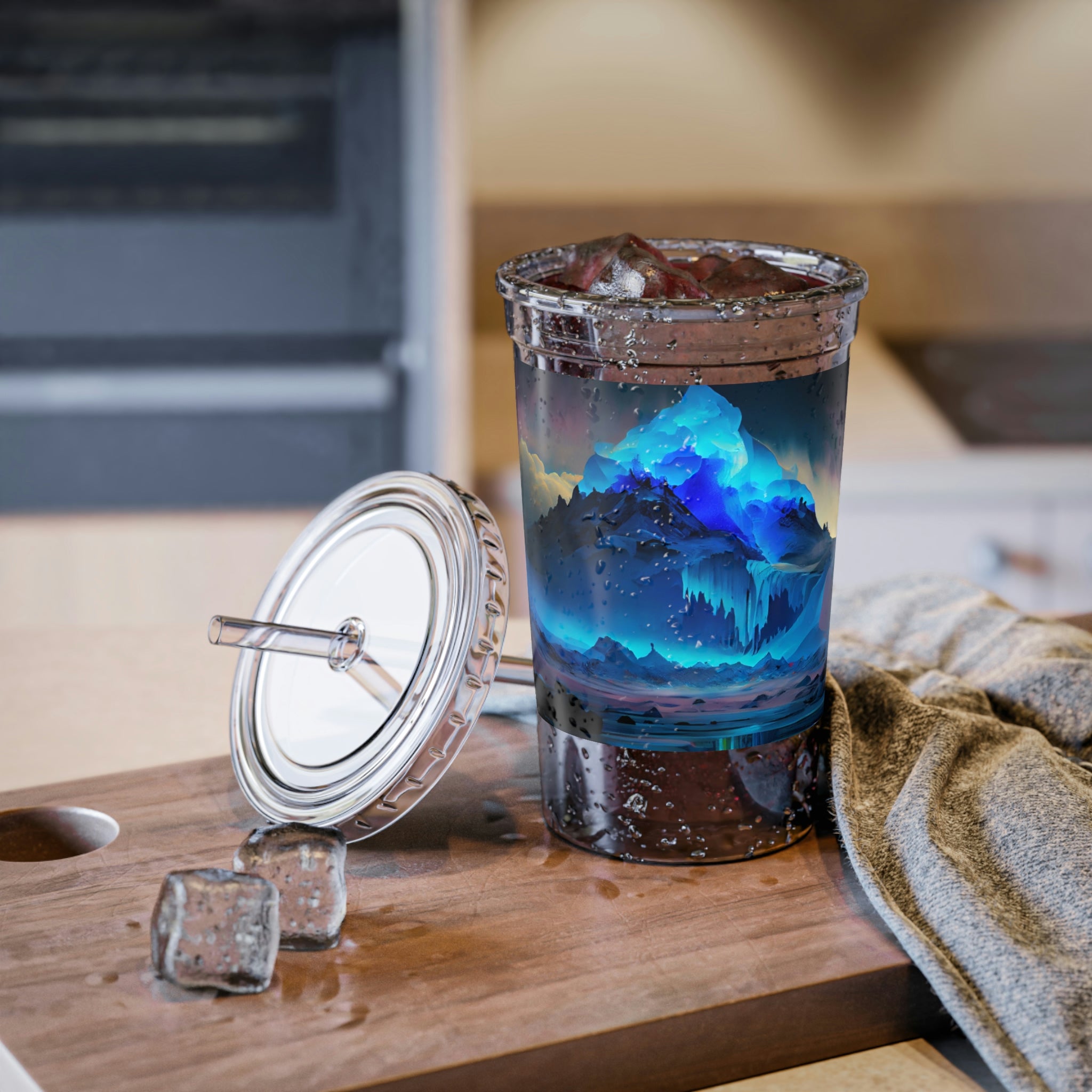 Arctic Suave Acrylic Cup in stainless steel with a black screw-on cap and plastic straw, showcasing a customizable design.