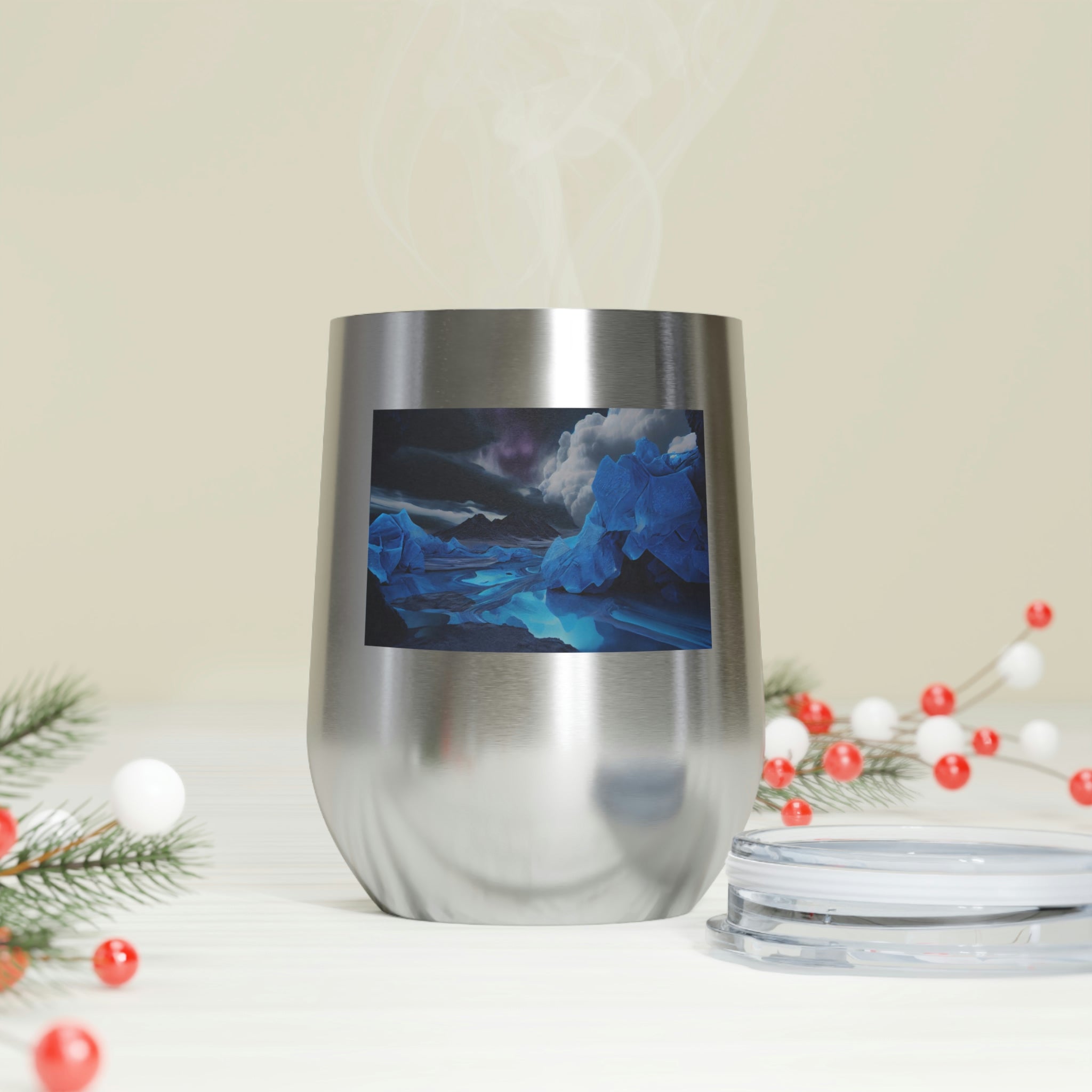 Arctic Wine Tumbler in stainless steel with a clear lid, showcasing its sleek design and double-wall insulation.