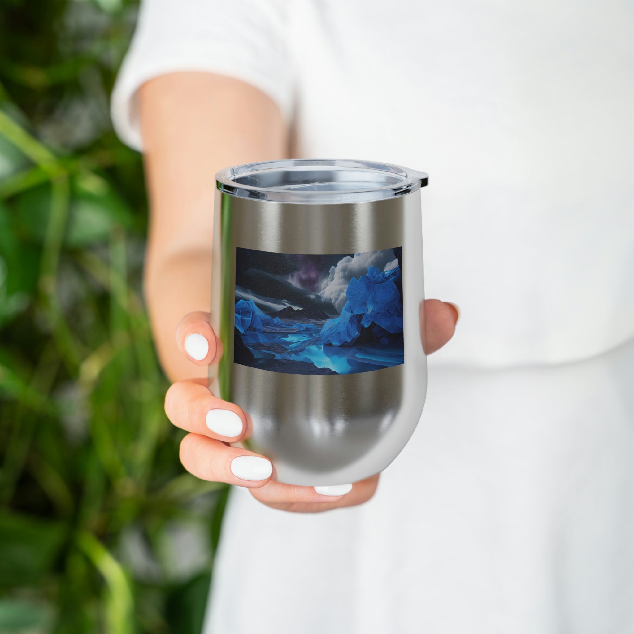 Arctic Wine Tumbler in stainless steel with a clear lid, showcasing its sleek design and double-wall insulation.