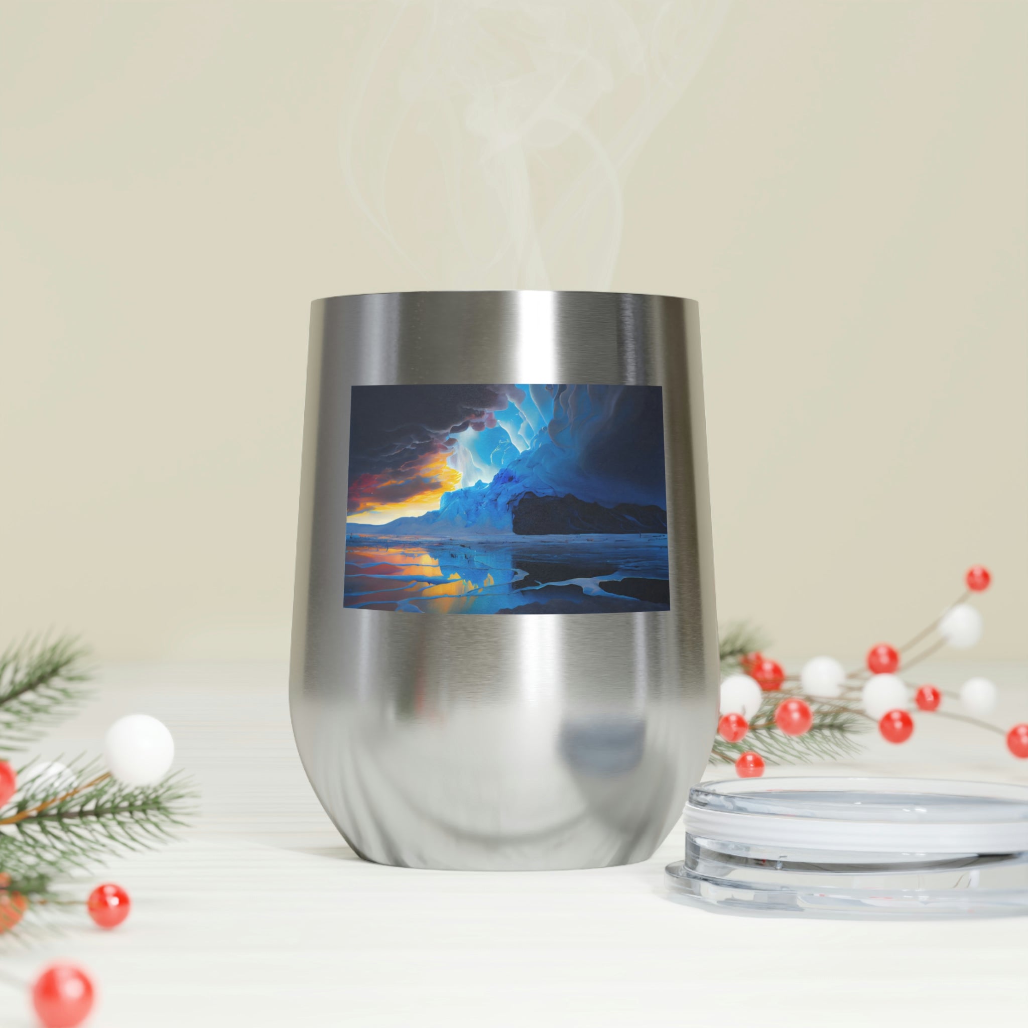 Arctic Wine Tumbler in stainless steel with a clear plastic lid, showcasing its sleek design and double-wall insulation.