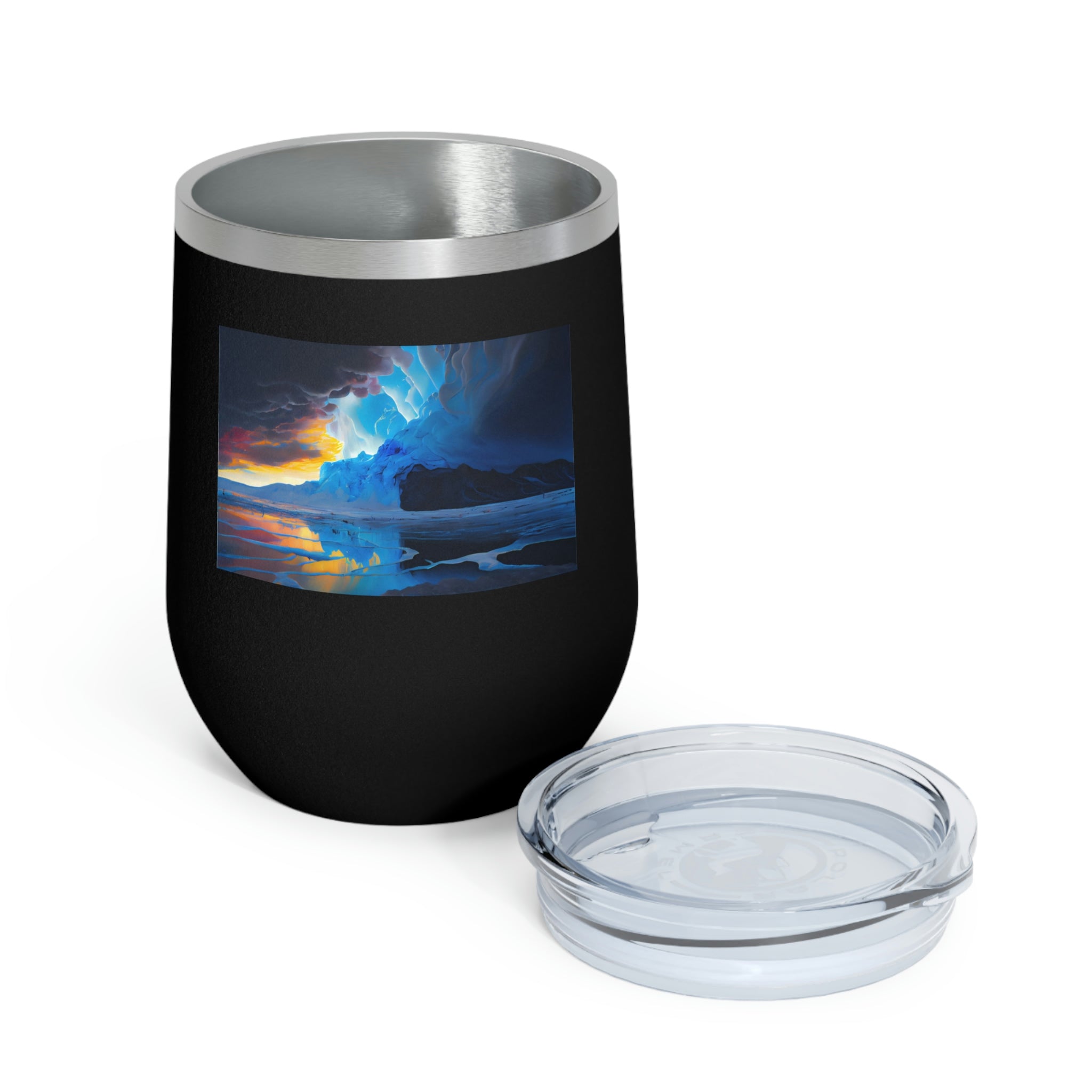 Arctic Wine Tumbler in stainless steel with a clear plastic lid, showcasing its sleek design and double-wall insulation.