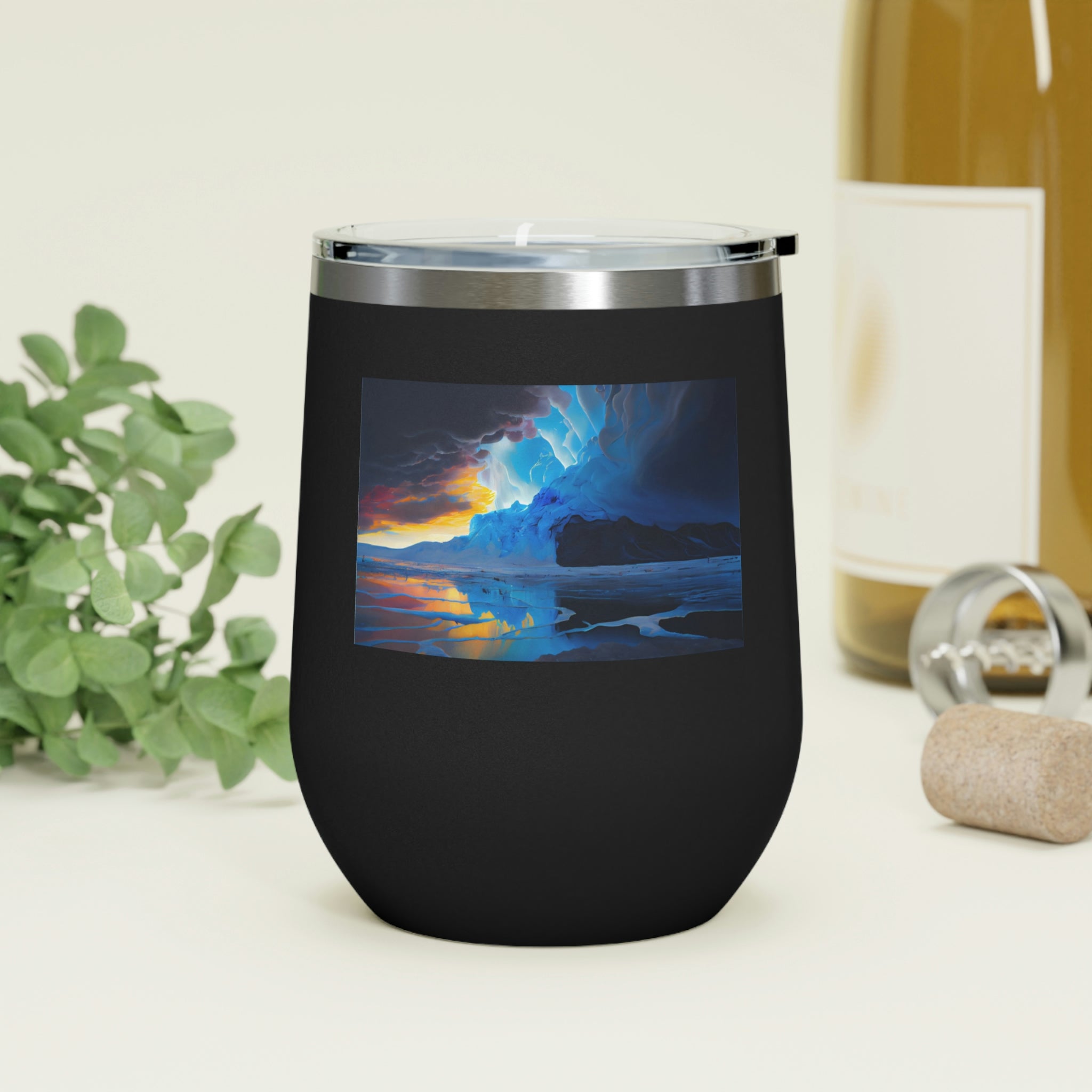 Arctic Wine Tumbler in stainless steel with a clear plastic lid, showcasing its sleek design and double-wall insulation.