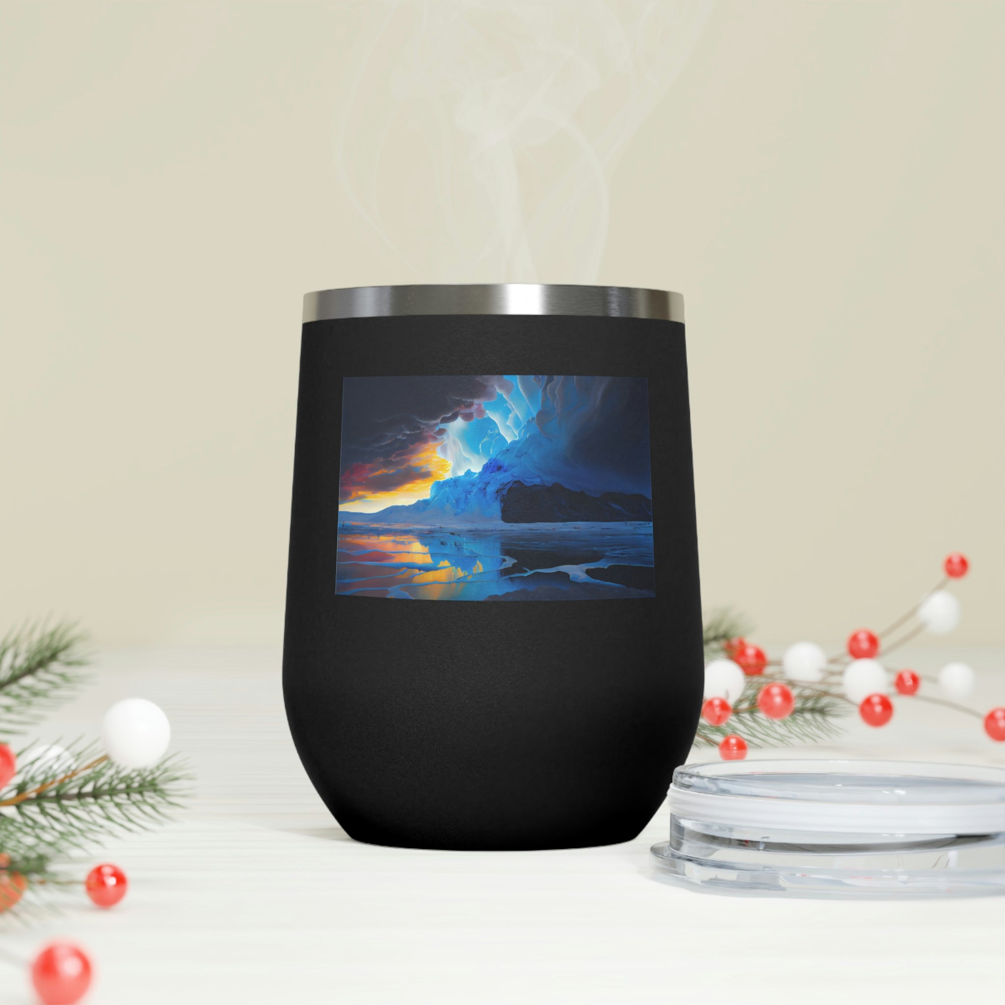 Arctic Wine Tumbler in stainless steel with a clear plastic lid, showcasing its sleek design and double-wall insulation.