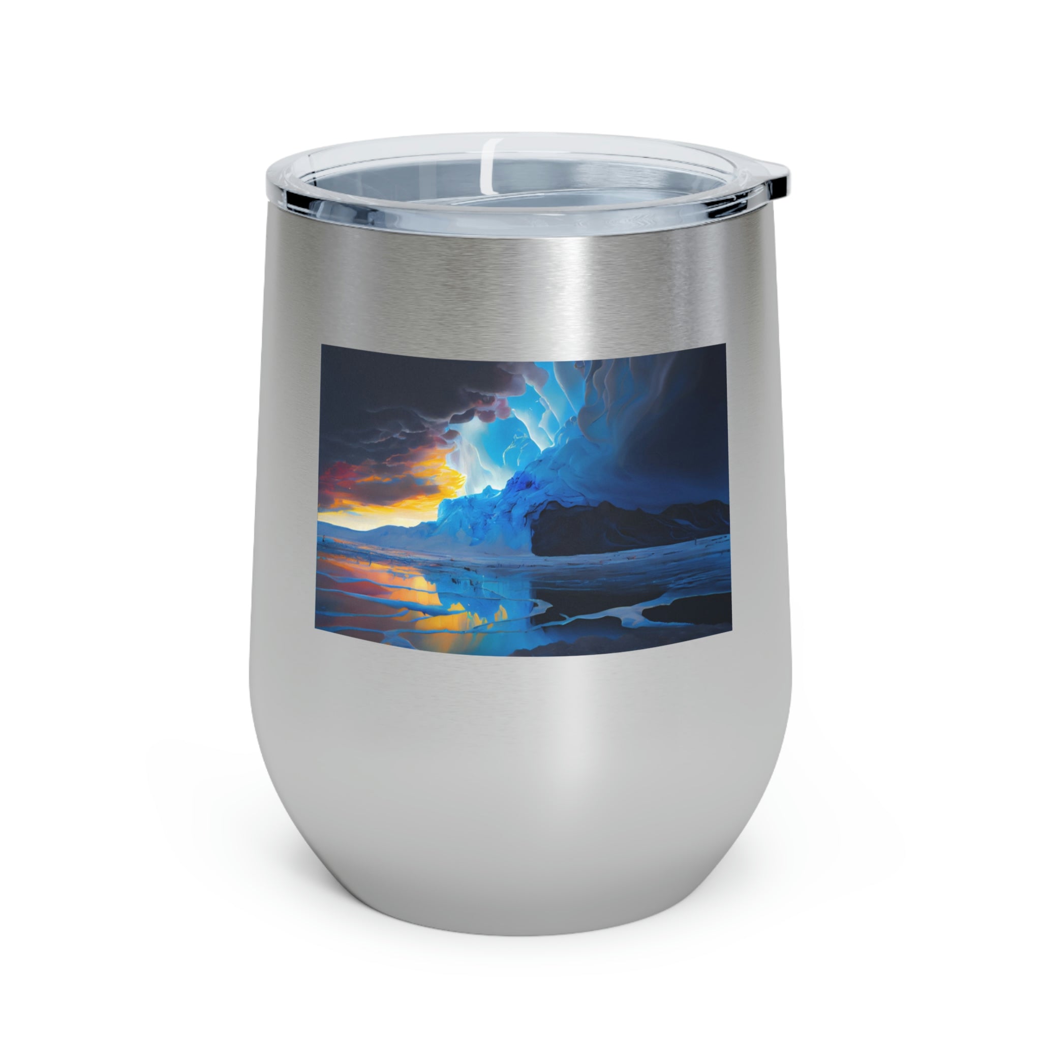 Arctic Wine Tumbler in stainless steel with a clear plastic lid, showcasing its sleek design and double-wall insulation.