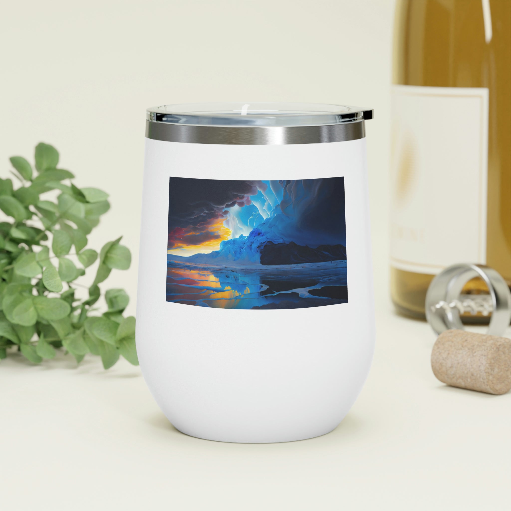 Arctic Wine Tumbler in stainless steel with a clear plastic lid, showcasing its sleek design and double-wall insulation.