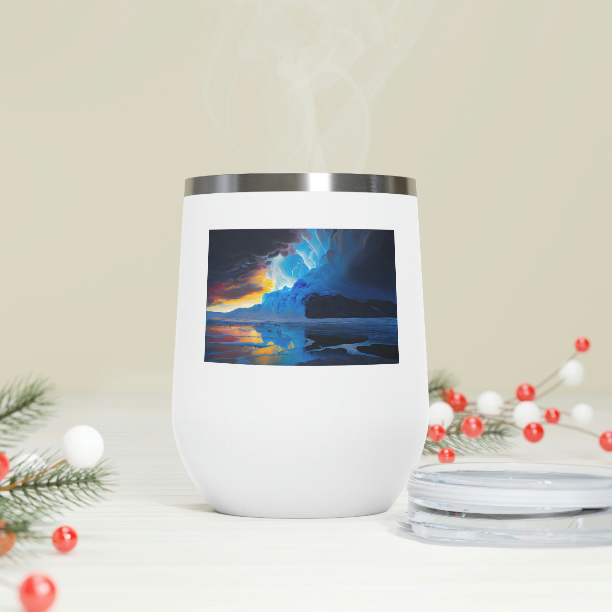 Arctic Wine Tumbler in stainless steel with a clear plastic lid, showcasing its sleek design and double-wall insulation.