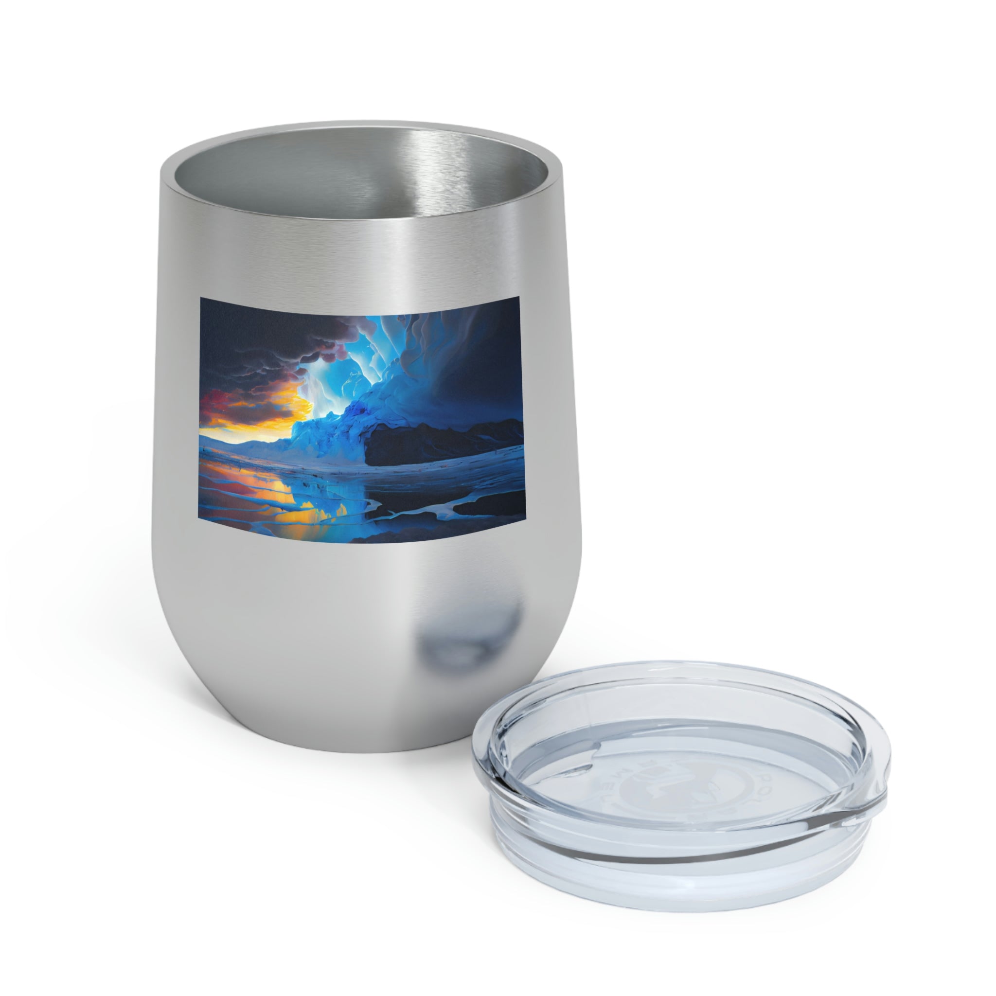 Arctic Wine Tumbler in stainless steel with a clear plastic lid, showcasing its sleek design and double-wall insulation.