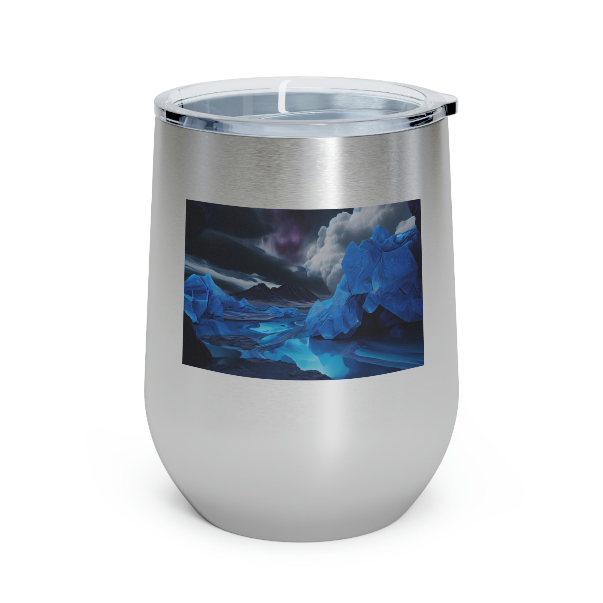 Arctic Wine Tumbler in stainless steel with a clear plastic lid, showcasing its sleek design and double-wall insulation.
