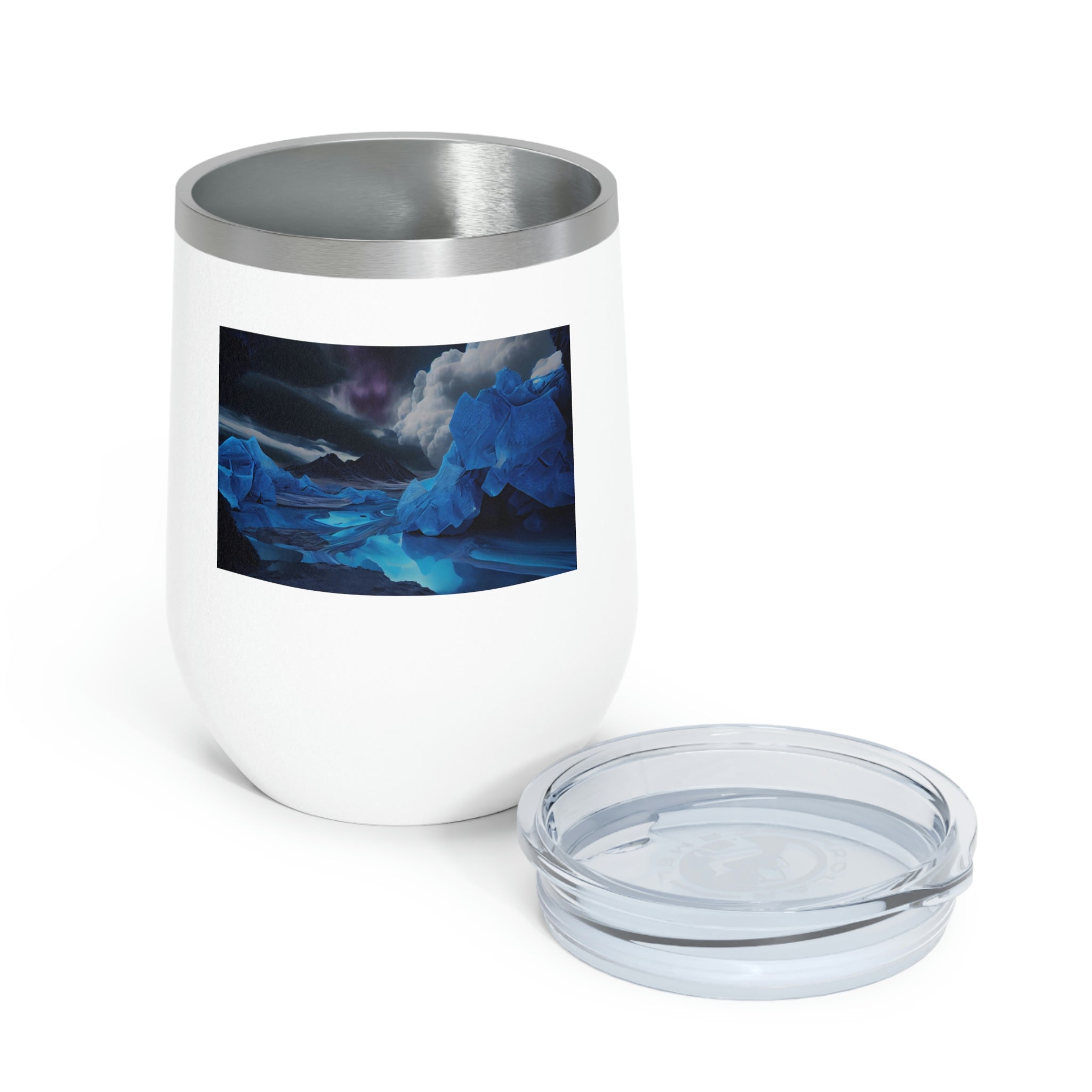 Arctic Wine Tumbler in stainless steel with a clear plastic lid, showcasing its sleek design and double-wall insulation.