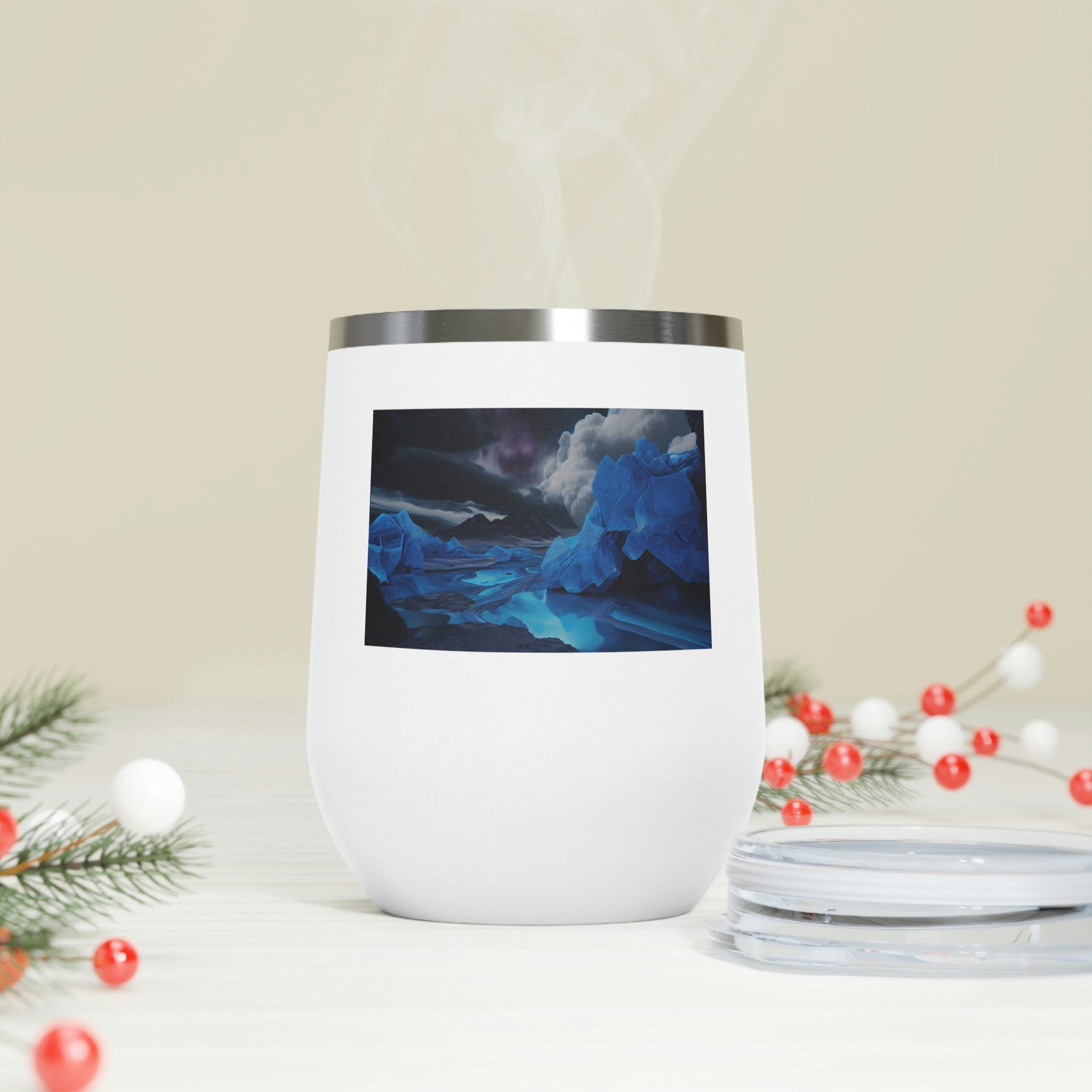 Arctic Wine Tumbler in stainless steel with a clear plastic lid, showcasing its sleek design and double-wall insulation.