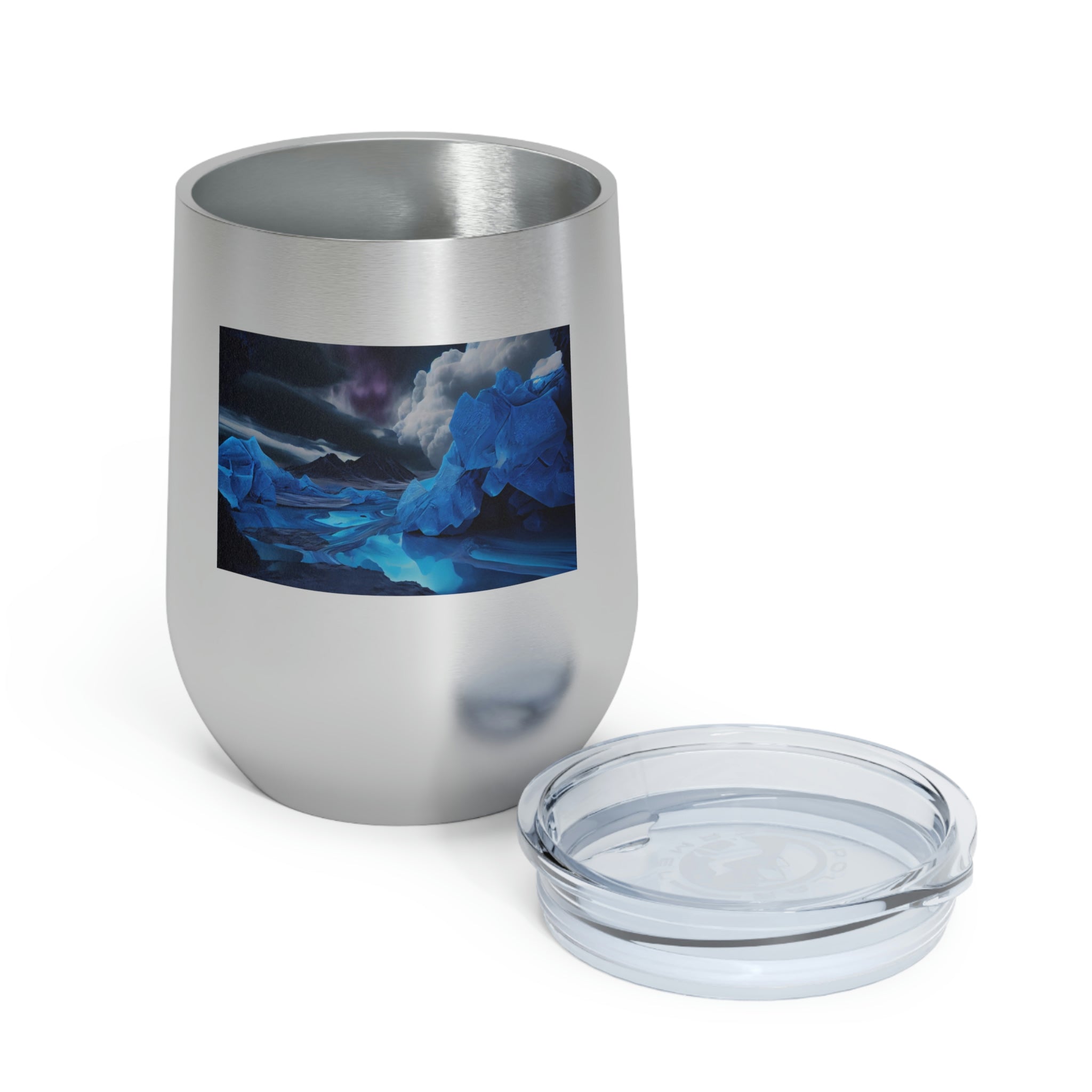 Arctic Wine Tumbler in stainless steel with a clear plastic lid, showcasing its sleek design and double-wall insulation.