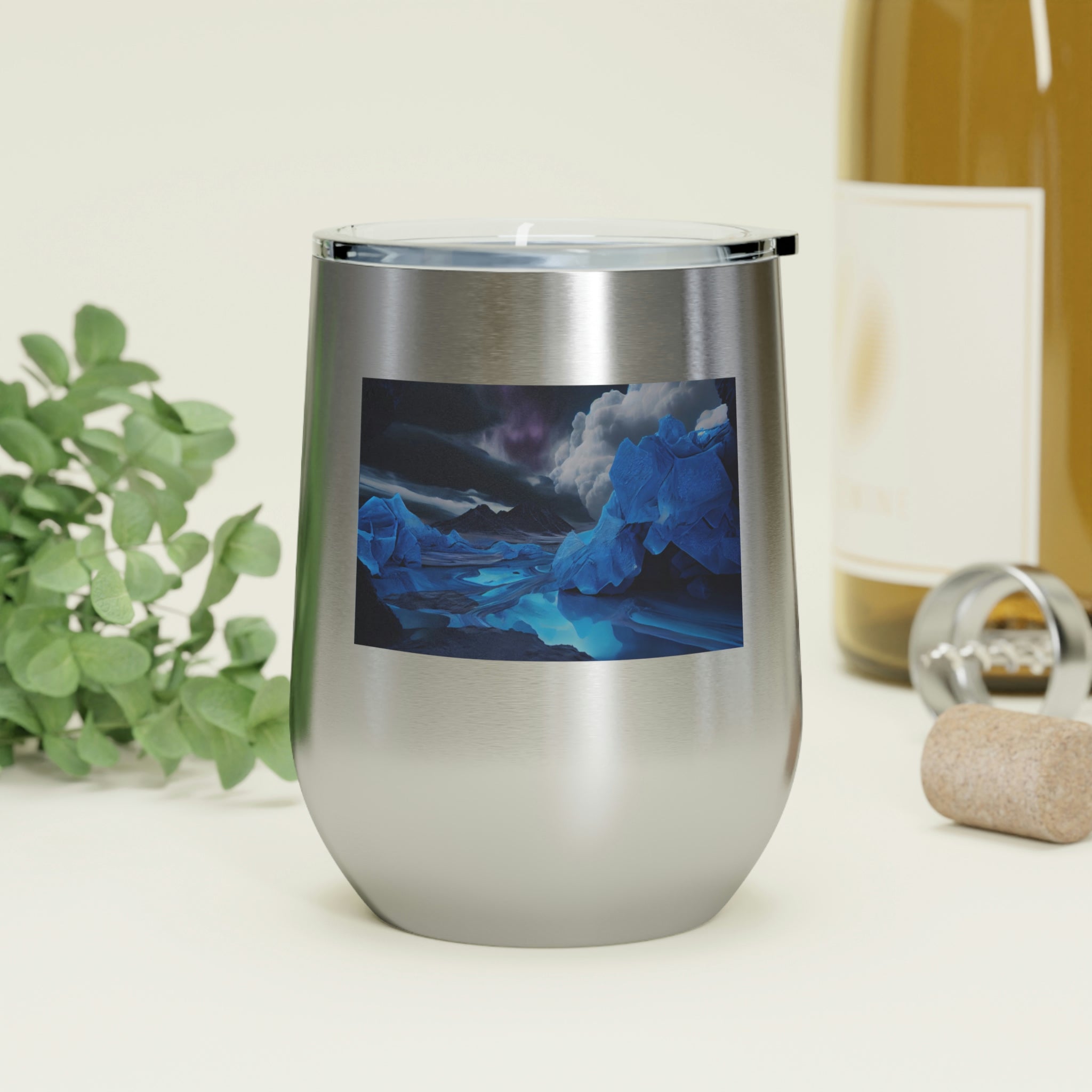 Arctic Wine Tumbler in stainless steel with a clear plastic lid, showcasing its sleek design and double-wall insulation.