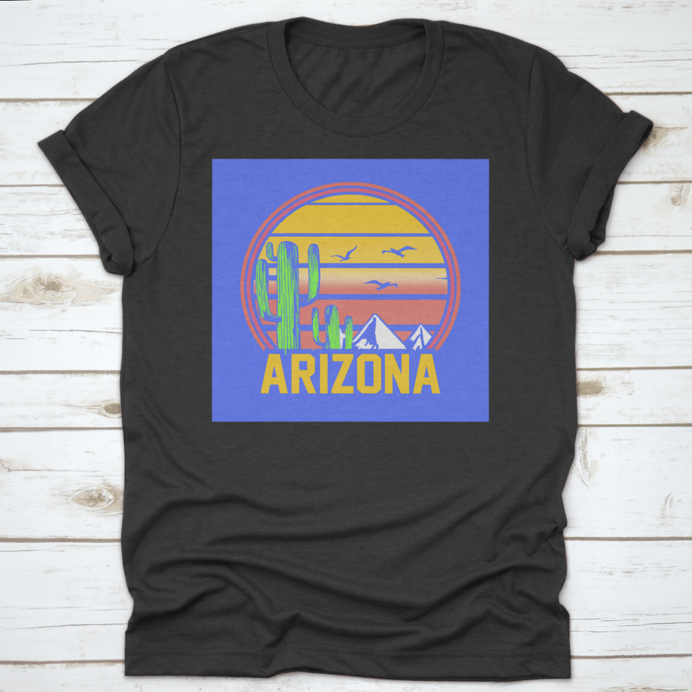 Arizona Adventure Sunset Line Art featuring mountains, cactuses, and birds in a desert landscape, showcasing vibrant colors and intricate details.