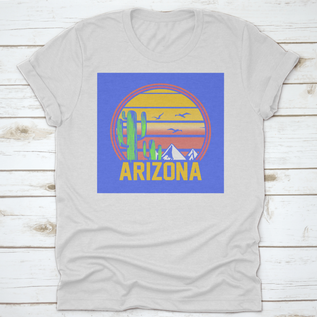 Arizona Adventure Sunset Line Art featuring mountains, cactuses, and birds in a desert landscape, showcasing vibrant colors and intricate details.