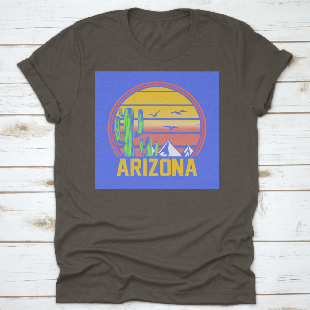 Arizona Adventure Sunset Line Art featuring mountains, cactuses, and birds in a desert landscape, showcasing vibrant colors and intricate details.