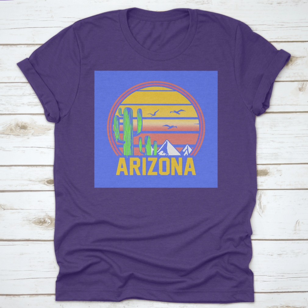 Arizona Adventure Sunset Line Art featuring mountains, cactuses, and birds in a desert landscape, showcasing vibrant colors and intricate details.